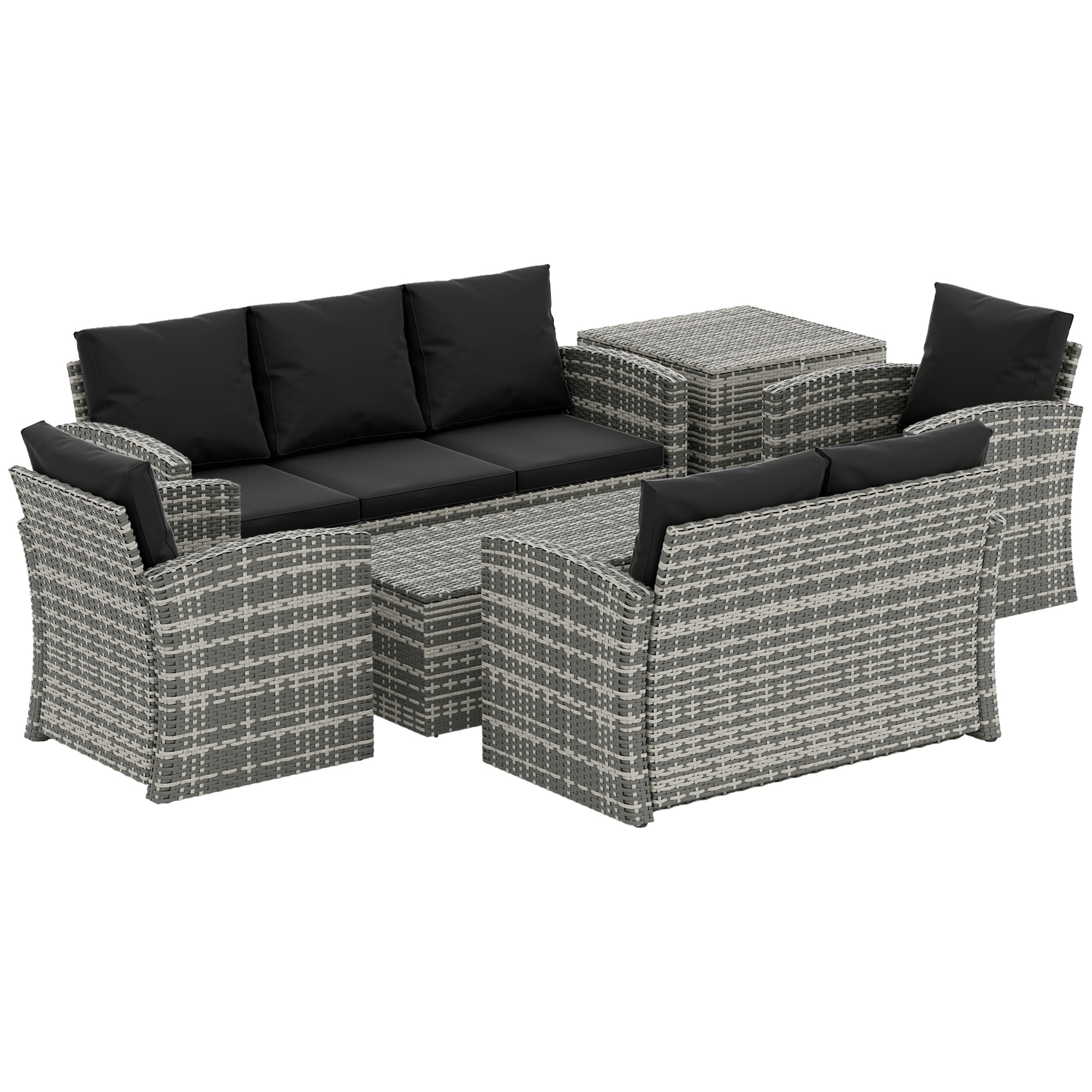 Outsunny 6 Pieces Wicker Patio Furniture Set with Cushions, 7-Seater Rattan Patio Sofa Set with Storage Coffee Table & Side Table, Sectional Outdoor Furniture Set, Black