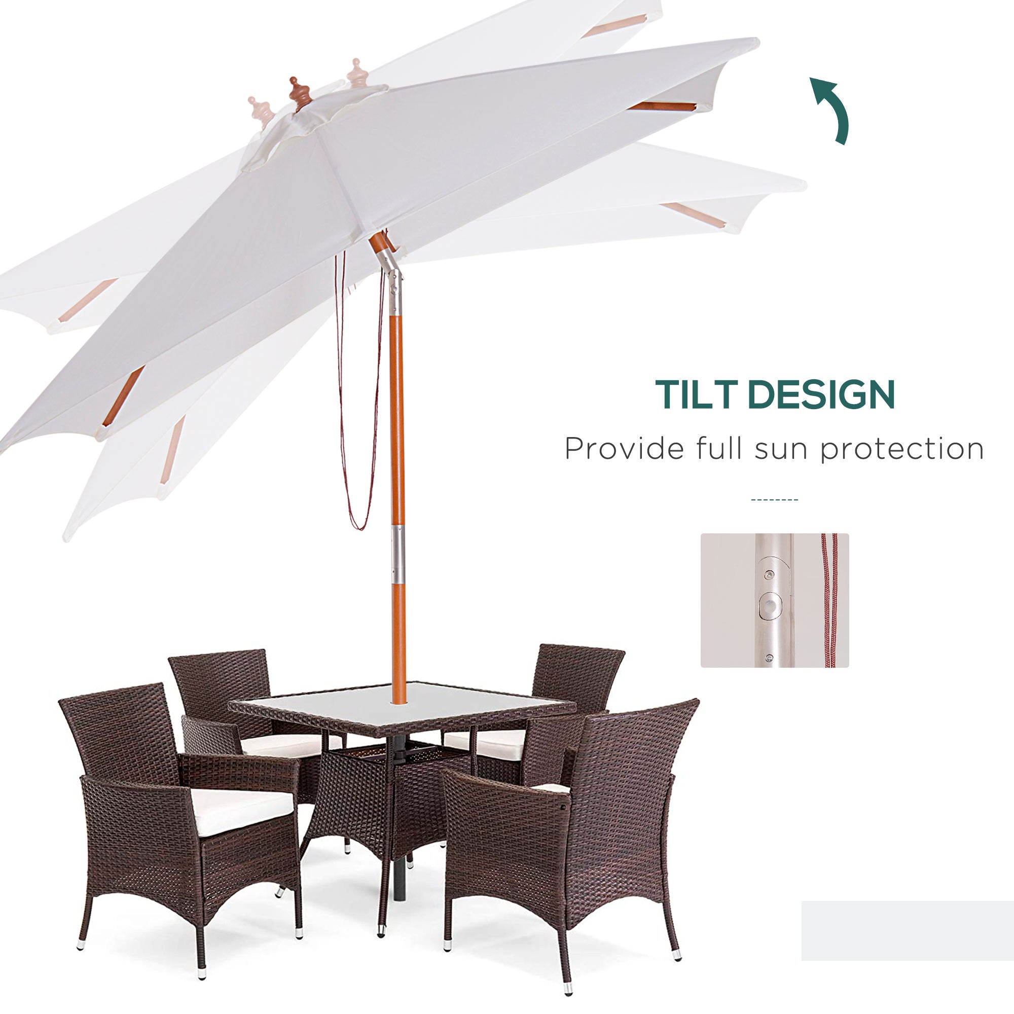 Outsunny 6.6x5ft Fir Wooden Patio Umbrella Square Market Parasol Tilt Mechanism 6 Ribs Garden Sunshade, Cream White
