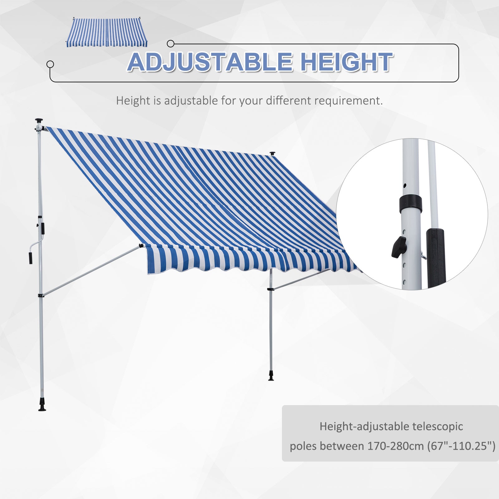 Outsunny 10x5ft Manual Retractable Awning, Patio Sun Shade Canopy Shelter with 5.6-9.2ft Support Pole, Water Resistant UV Protector, for Window, Door, Porch, Deck, Blue
