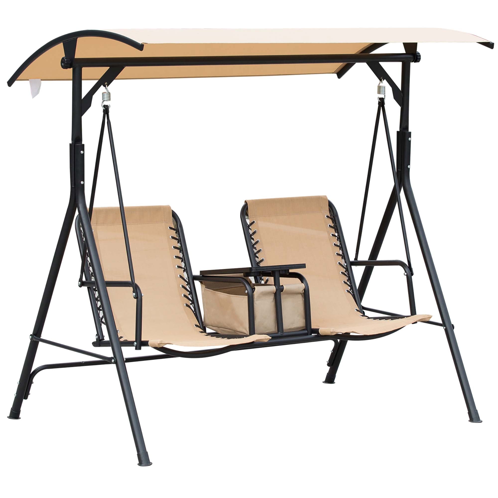 Outsunny 2 Person Covered Porch Swing Patio Swing with Pivot Storage Table, Cup Holder, & Adjustable Overhead Canopy, Beige