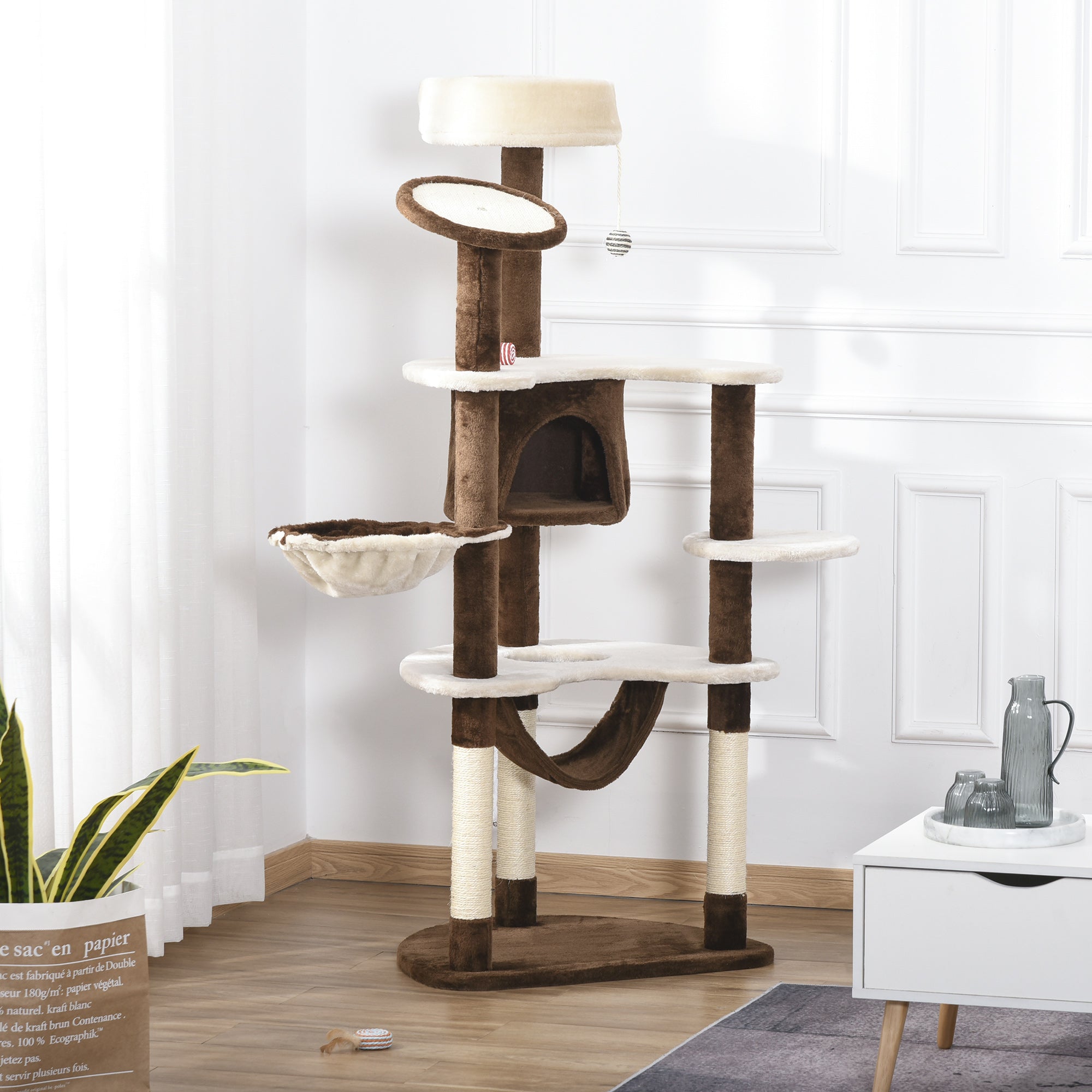 PawHut 60" Cat Scratching Tree, Cat Bed Condo Post House Pet Furniture Toys-Brown & Tan