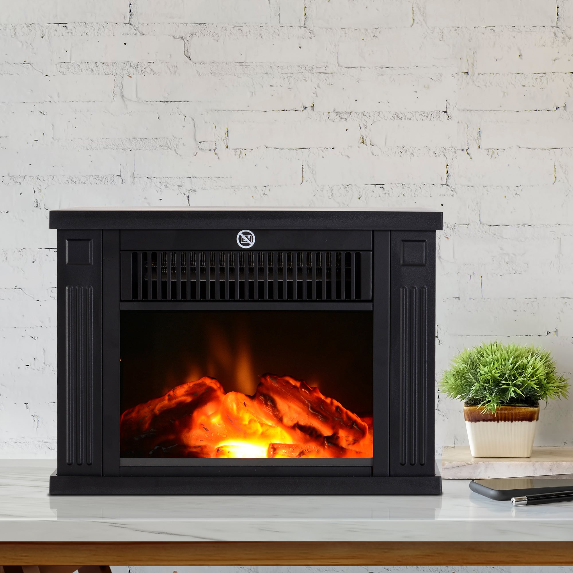 HOMCOM 14" 1000W Mini Standing Electric Fireplace Portable Heater with Overheating, Black