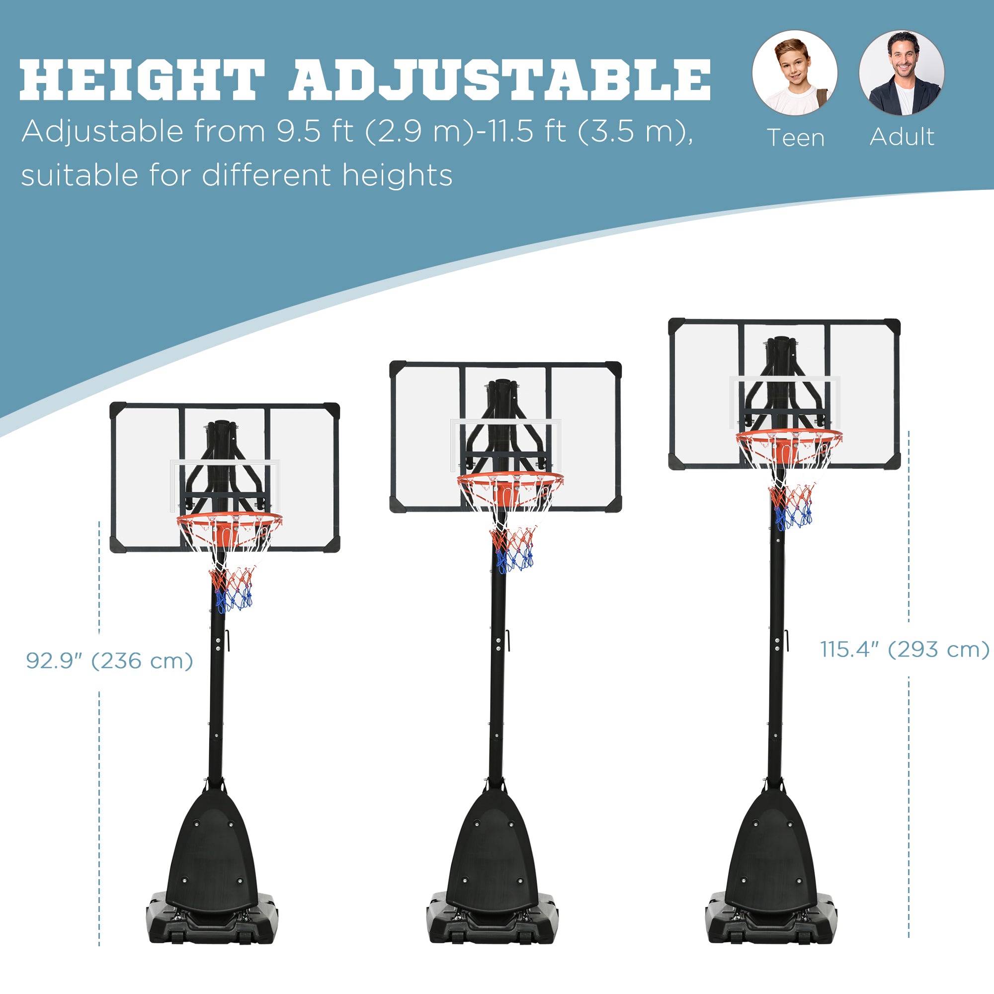 Soozier Outdoor Portable Basketball Hoop and Stand with Backboard Weighted Base Wheels, 115.4"-137.8" Height Adjustable