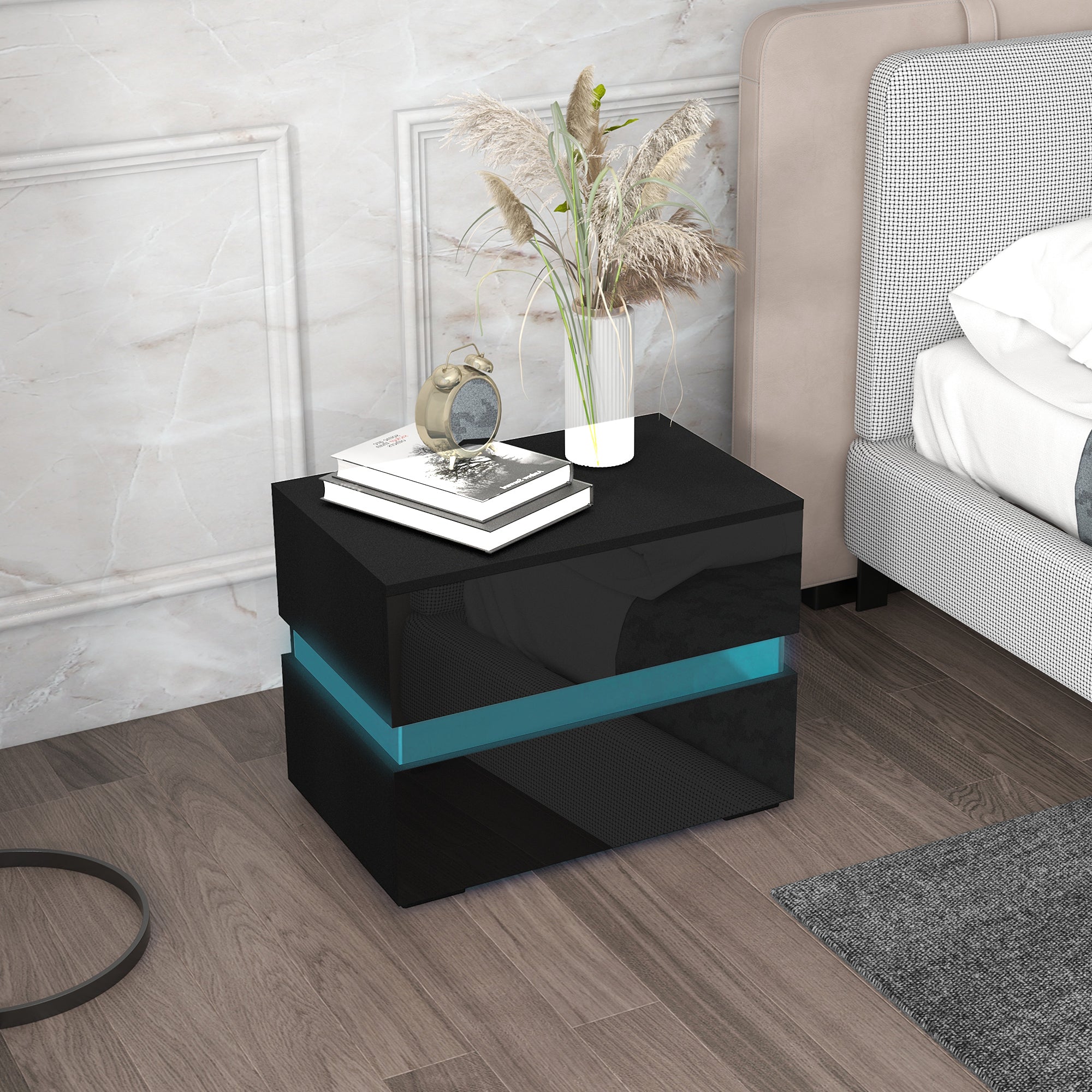 HOMCOM Modern Nightstand, Bedside Table with 2 Drawers, USB Powered RGB LED Lights, Remote for Bedroom, Black