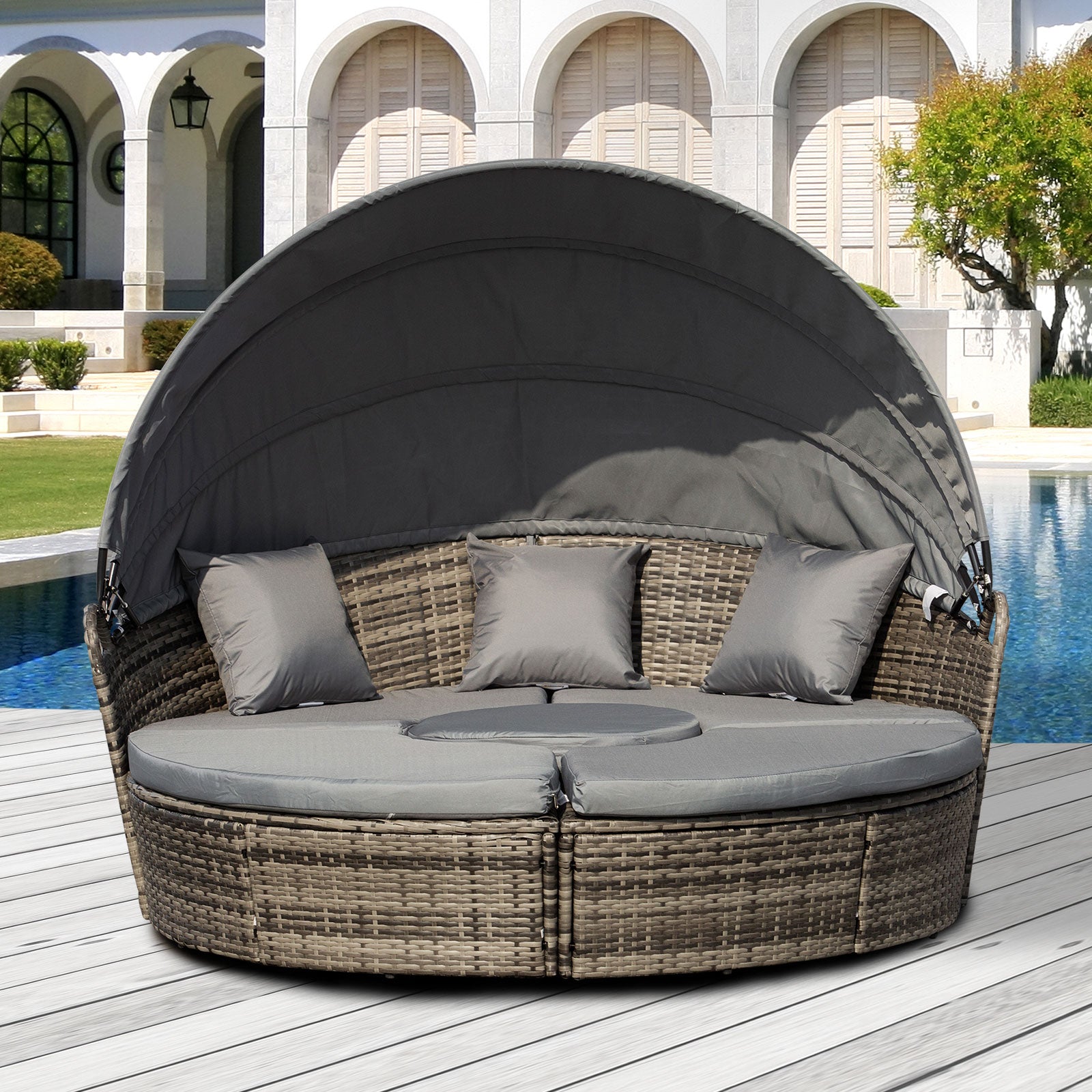 Outsunny 4 Pieces Outdoor Daybed with Retractable Canopy, PE Rattan Wicker Round Sofa Day Bed, Patio Sectional Conversation Furniture Set with Cushions and Pillows, Grey