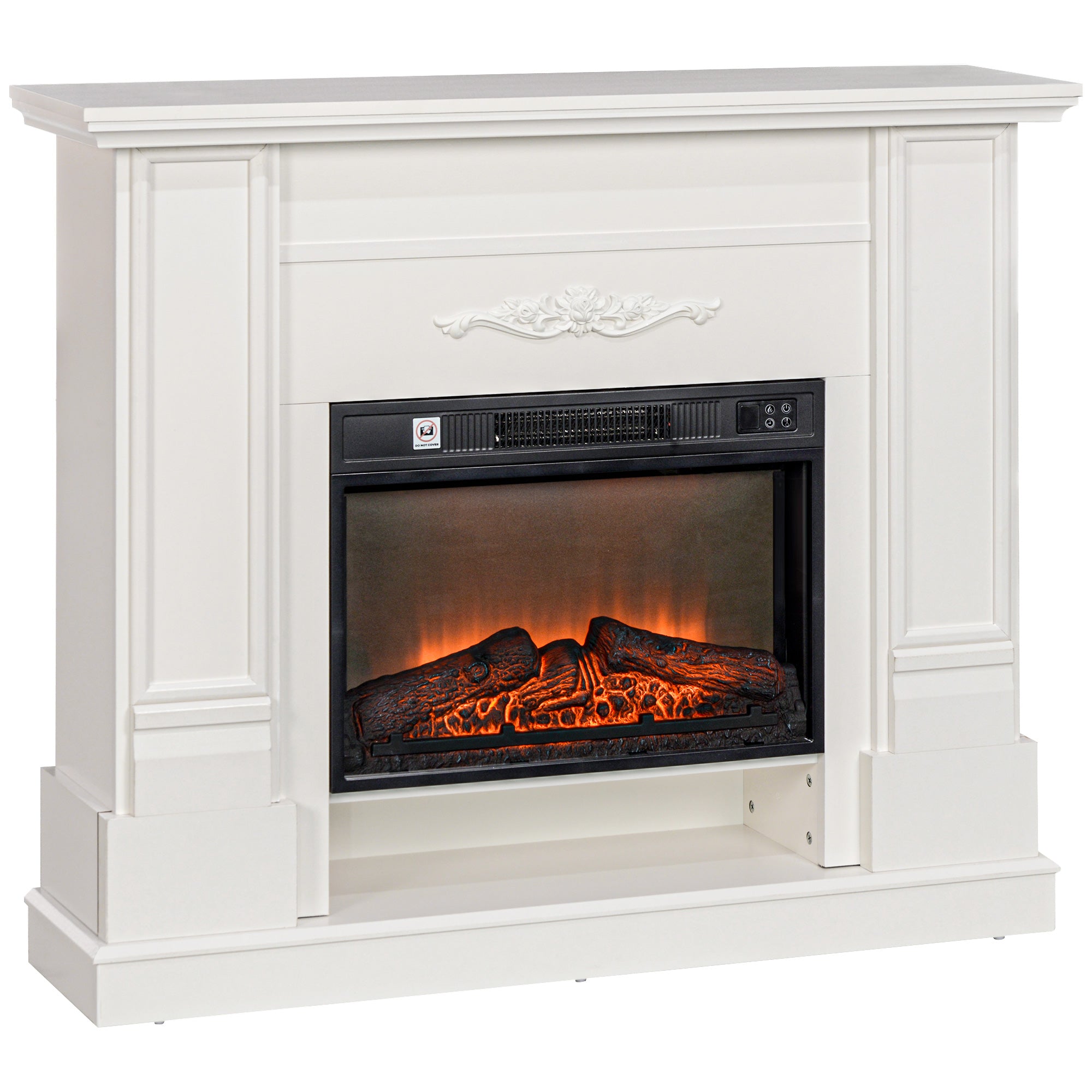 HOMCOM 46" Electric Fireplace with Mantel and Shelf, 1400W Fireplace Heater with Realistic Log and Flame Effect, White
