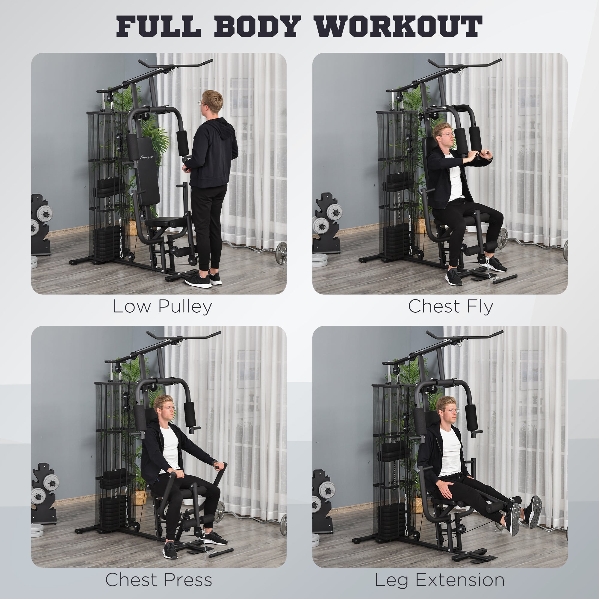 Soozier Home Gym, Multifunction Gym Equipment Workout Station with 100Lbs Weight Stack for Lat Pulldown, Leg Extensions, Preacher Bicep Curls, Triceps Pulldowns, Chest Press, Black