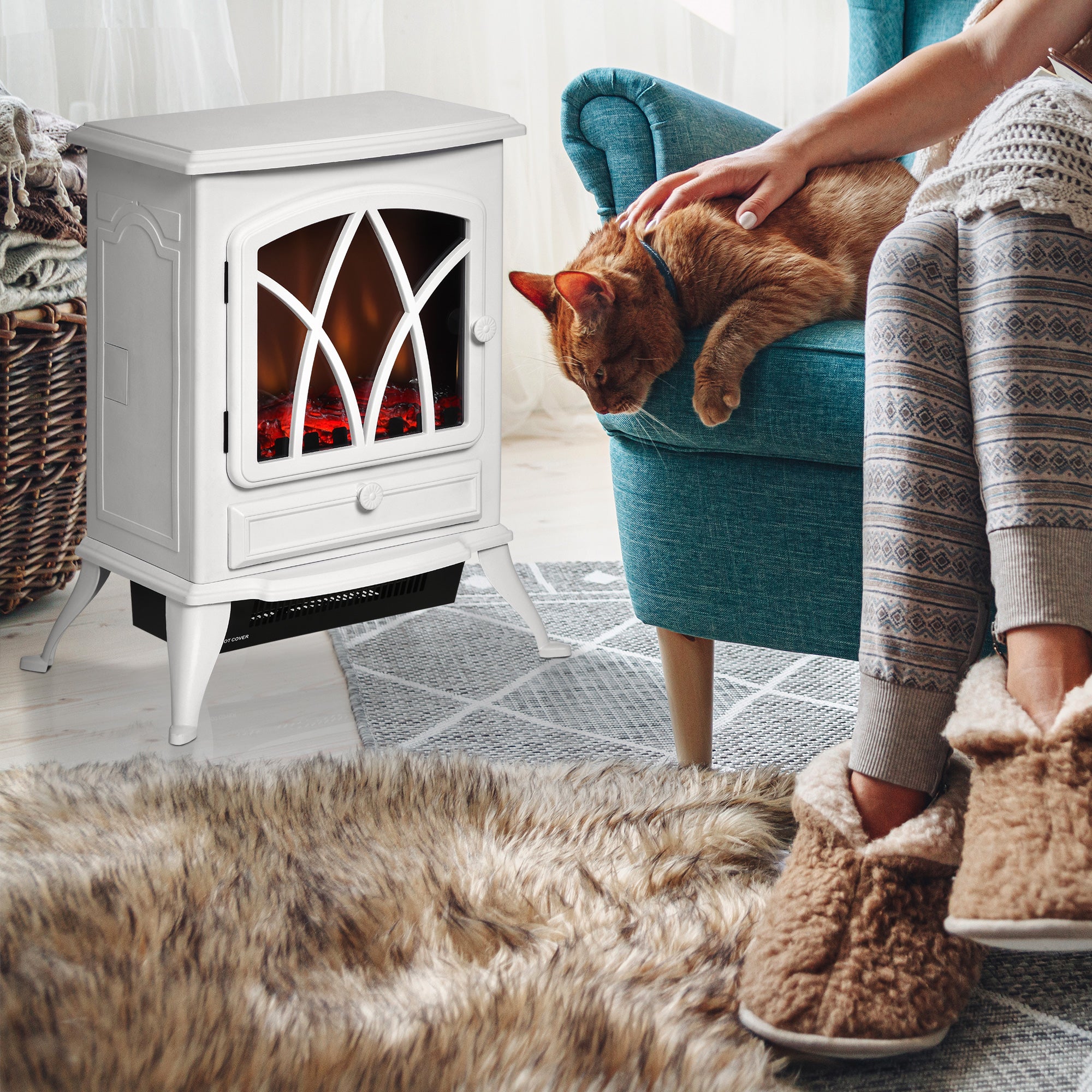 HOMCOM Free Stand Electric Fireplace Stove Heater with Adjustable LED Flame Effect and Front Door, 750W/1500W, White