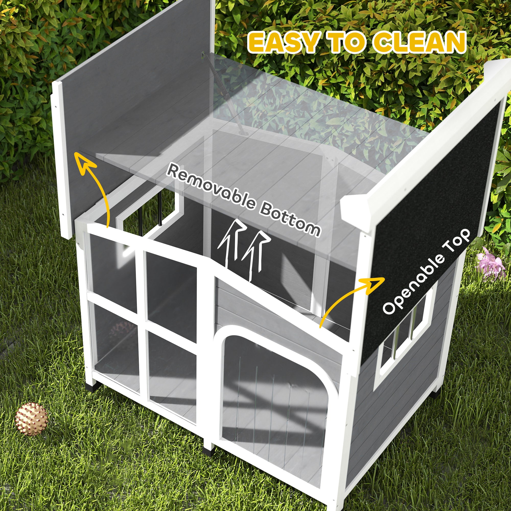 PawHut Wooden Dog House, Raised Pet Kennel with Removable Bottom, Openable Asphalt Roof, Door Curtain, Side Windows, Dark Grey