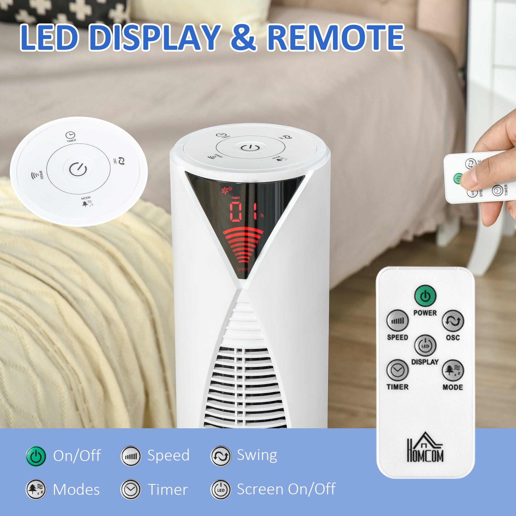 HOMCOM Freestanding Tower Fan Cooling for Home Bedroom with 3 Speed, 12h Timer, Oscillating, LED Sensor Panel, Remote Controller, White