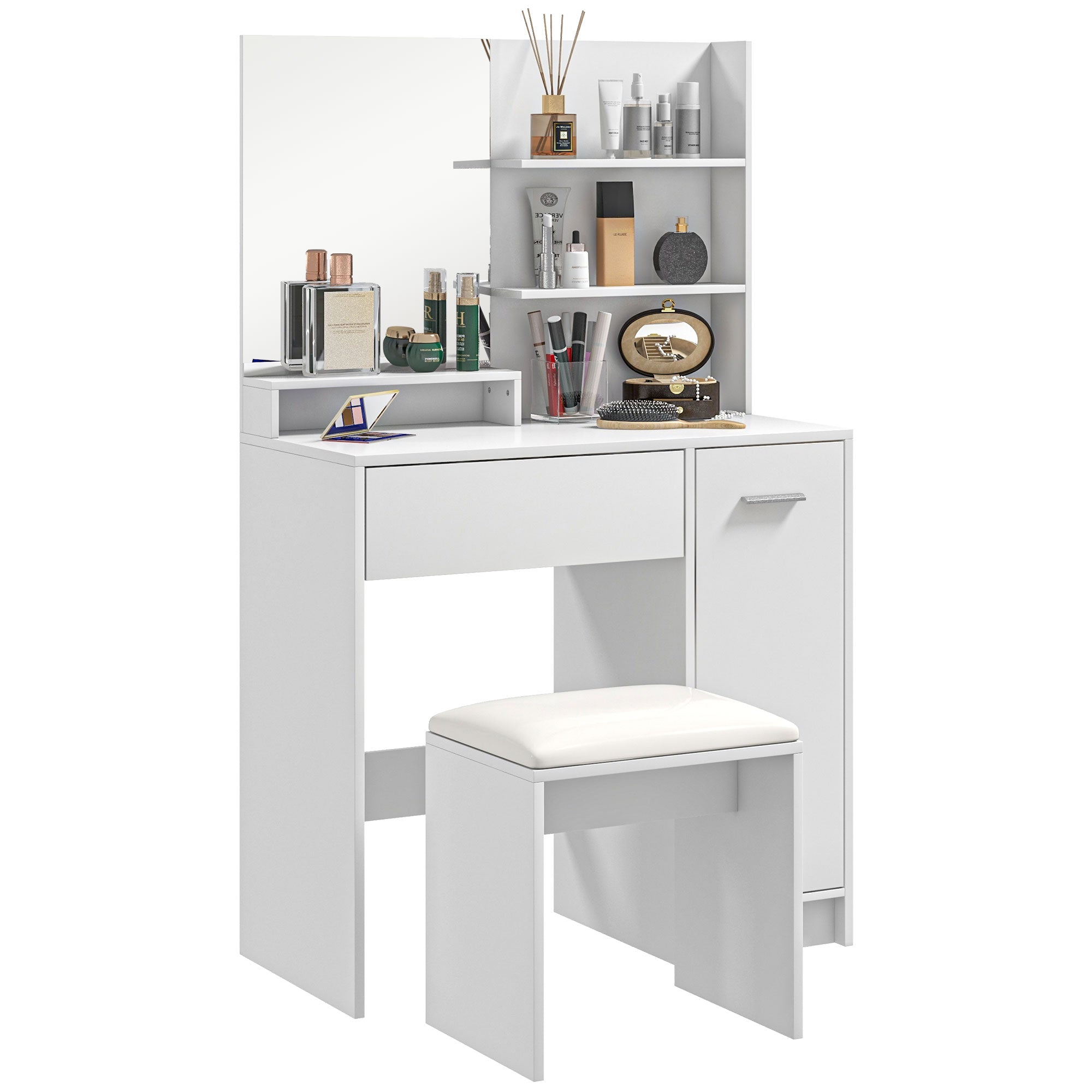 HOMCOM Vanity Set with Mirror and Stool, Makeup Vanity Table with Storage Drawer, Cabinet, Adjustable Shelf for Bedroom, White