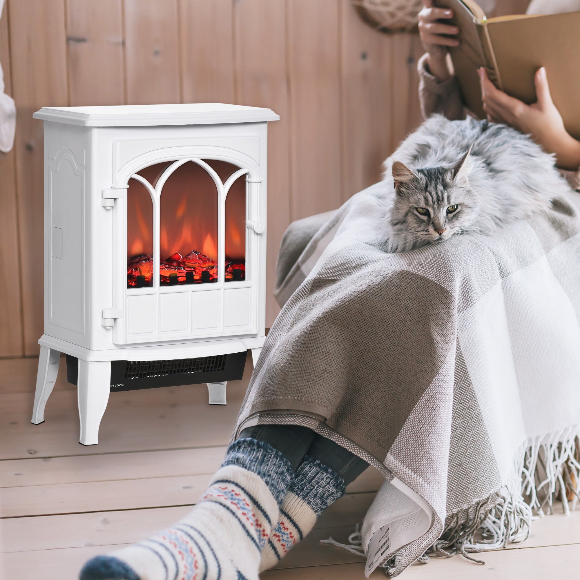 HOMCOM Electric Fireplace Stove, Freestanding Fireplace Heater with Realistic Flame, Adjustable brightness, Overheating Safety System, White
