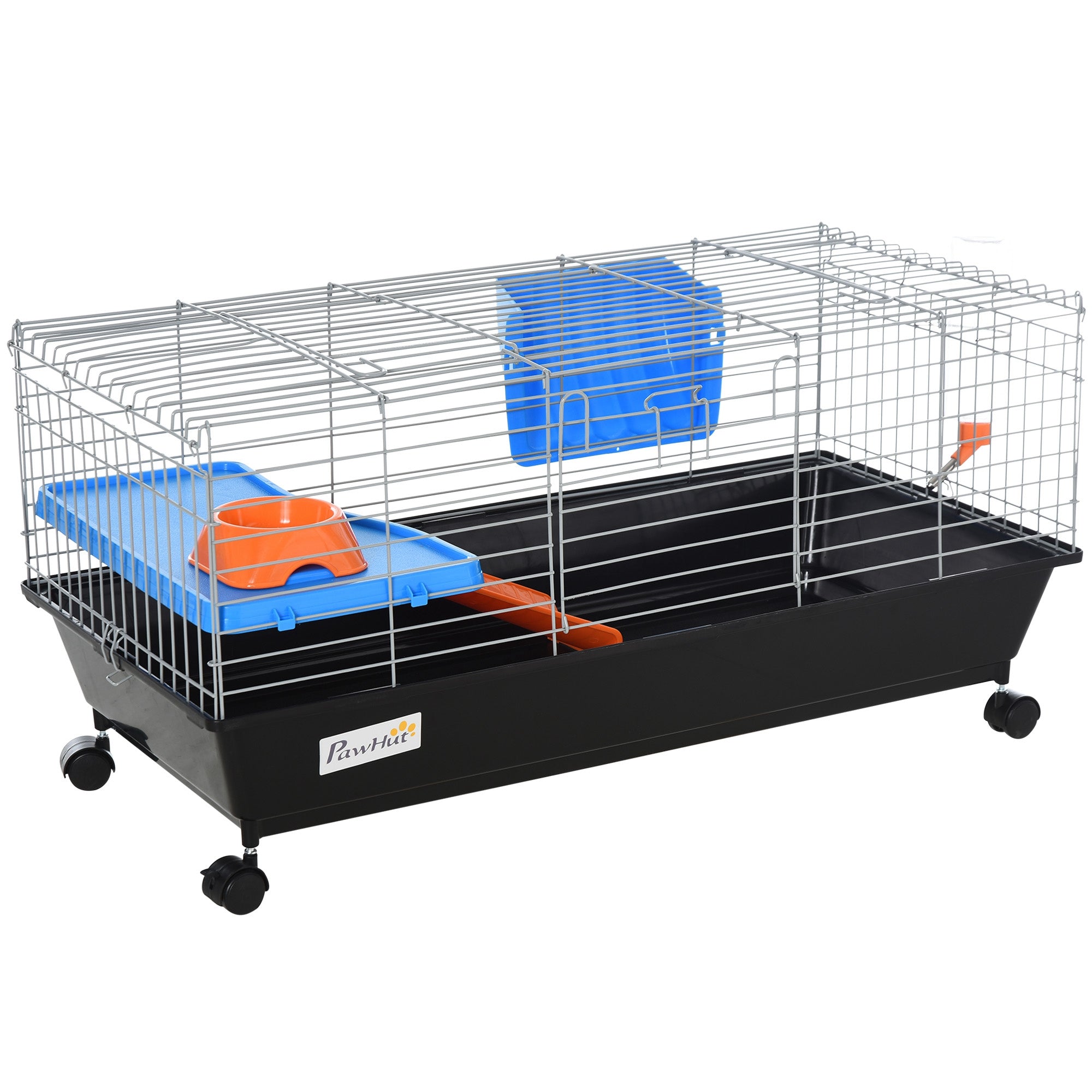 PawHut Small Animal Cage, Rolling Bunny Cage, Guinea Pig Cage with Food Dish, Water Bottle, Hay Feeder, Platform, Ramp, Black