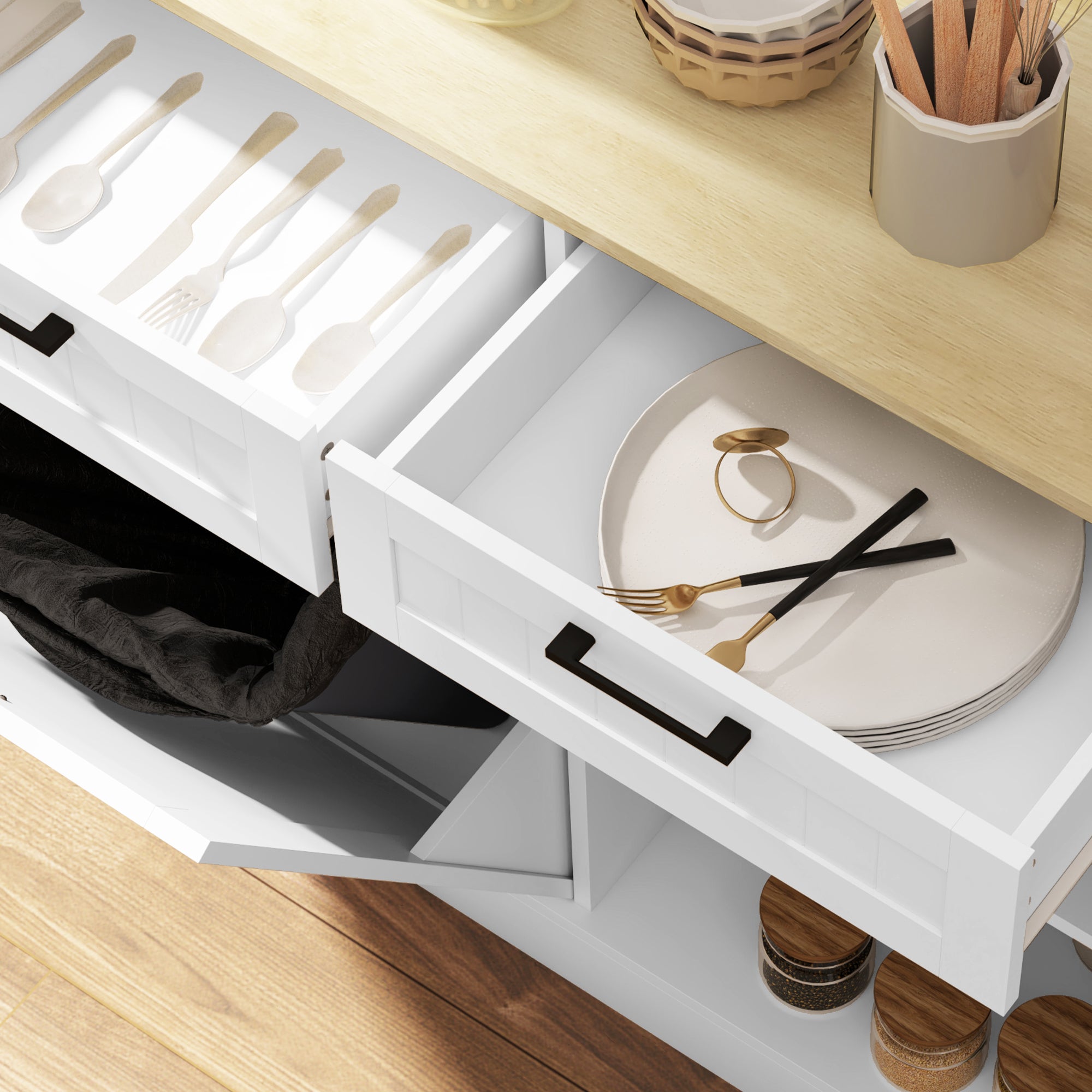 HOMCOM 10 Gallon Hidden Garbage Bin Cabinet, Tilt Out Trash Cabinet w/ 2 Drawers, Freestanding Kitchen Island, White
