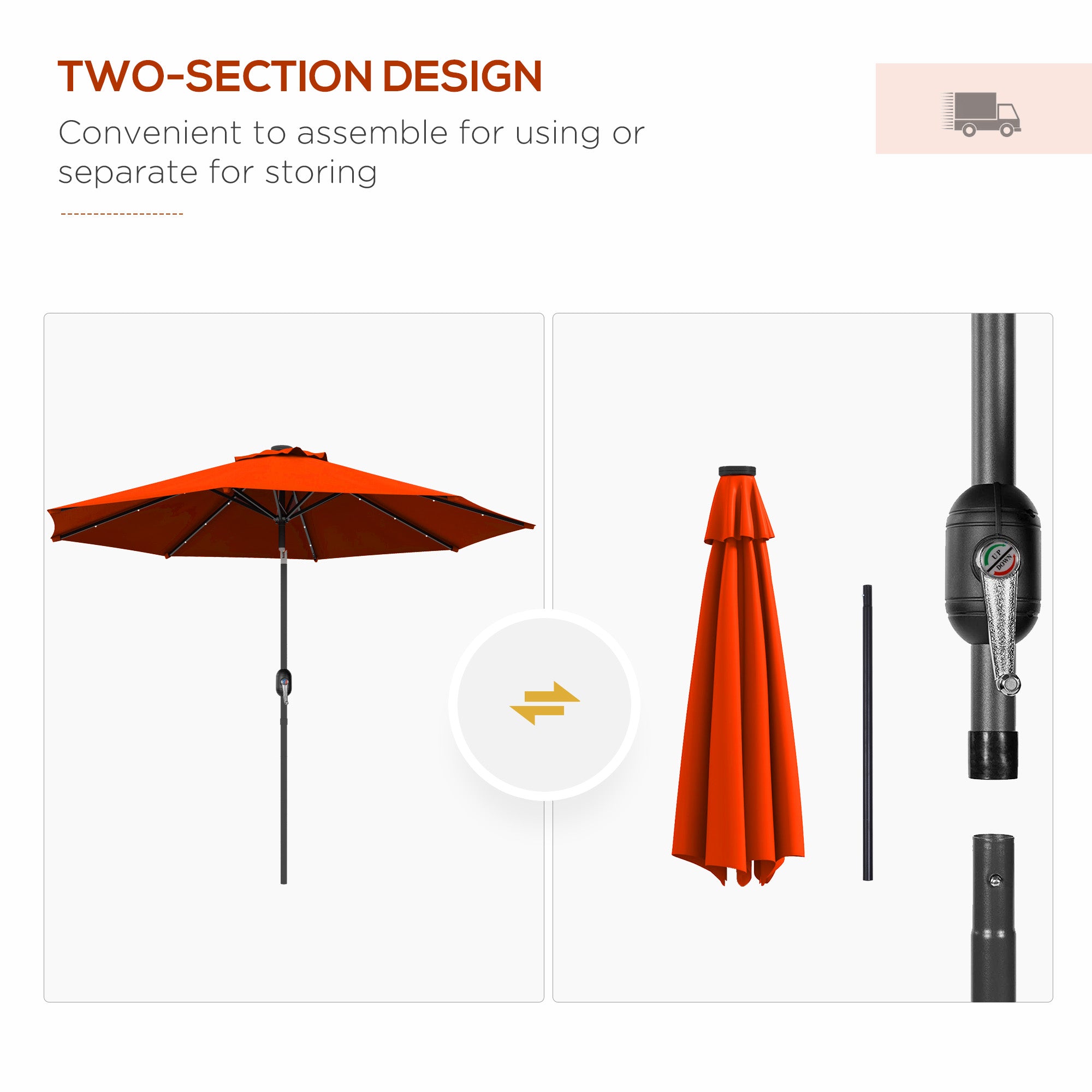 Outsunny 9ft Solar Patio Umbrella Outdoor Sunshade 24 LED Lights Tilt Canopy Orange
