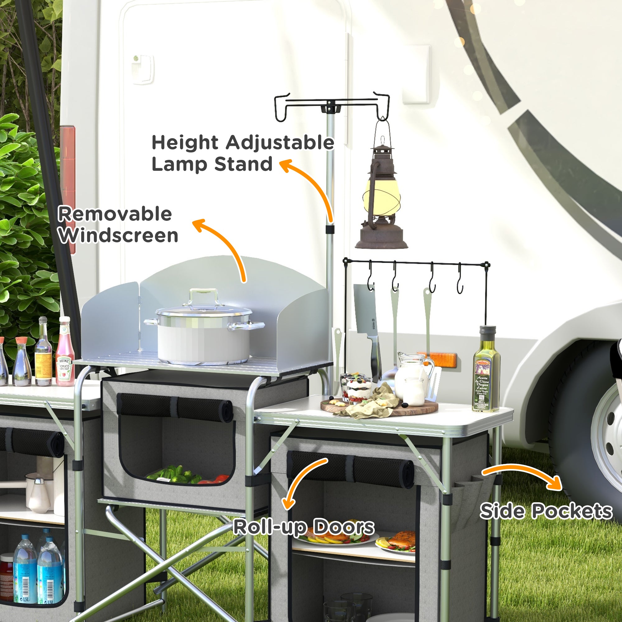 Outsunny Aluminum Camping Kitchen, Portable Folding Camping Table with Fabric Cupboards, Windshield, Bag for BBQ, Picnic, Grey