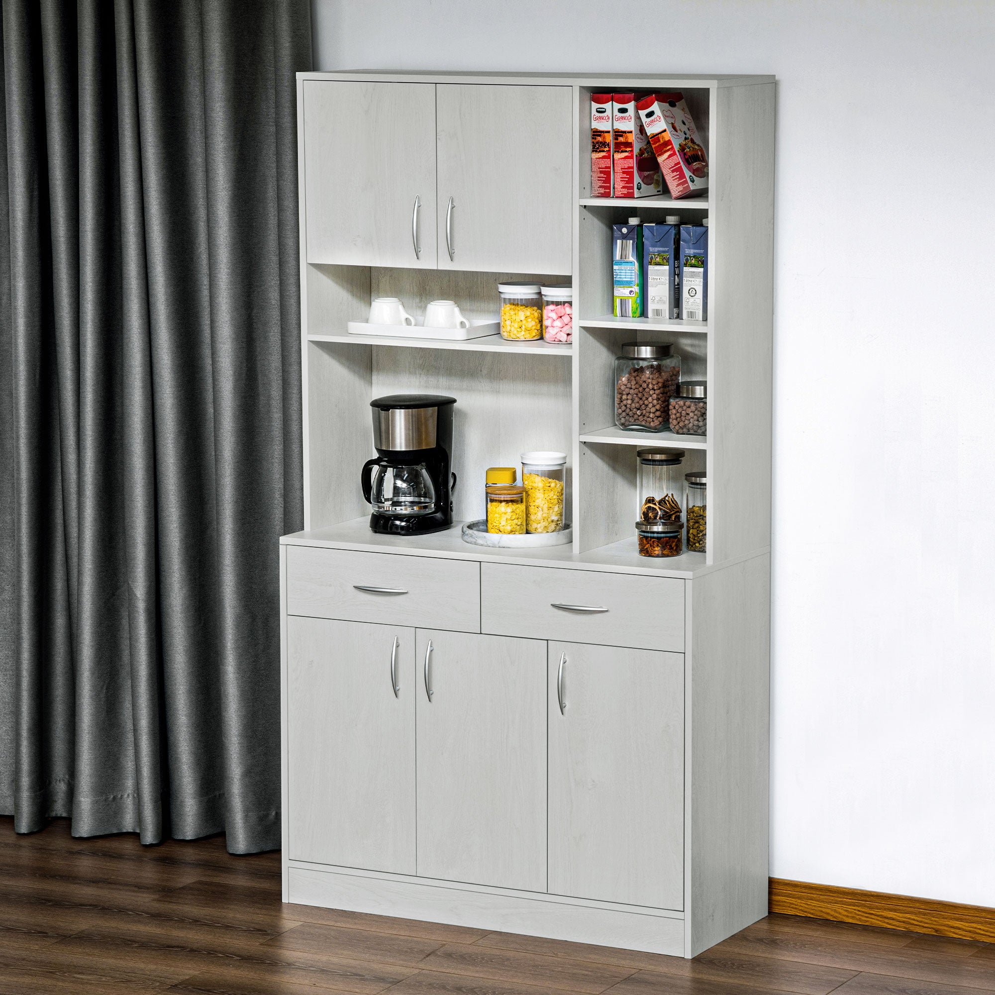 HOMCOM 71" Kitchen Hutch with Storage Cabinet, Modern Buffet with Hutch, Cupboard with Drawers for Living Dining Room, Ash White