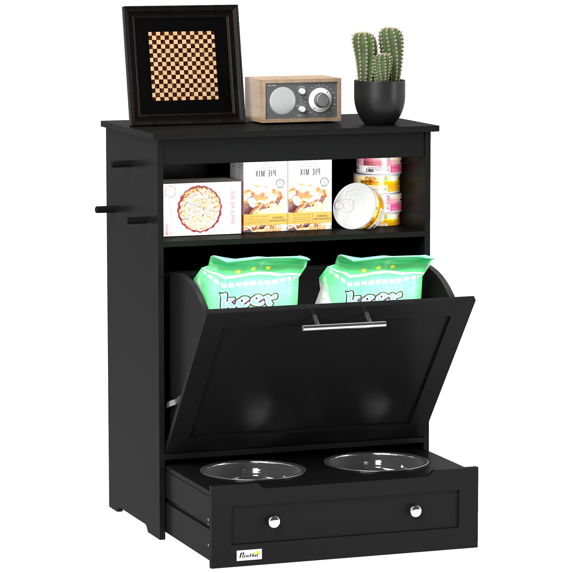 PawHut Pet Feeder Station Storage Cabinet, Dog Food Storage Container with Dog Raised Bowls, Watering Supplies, Black
