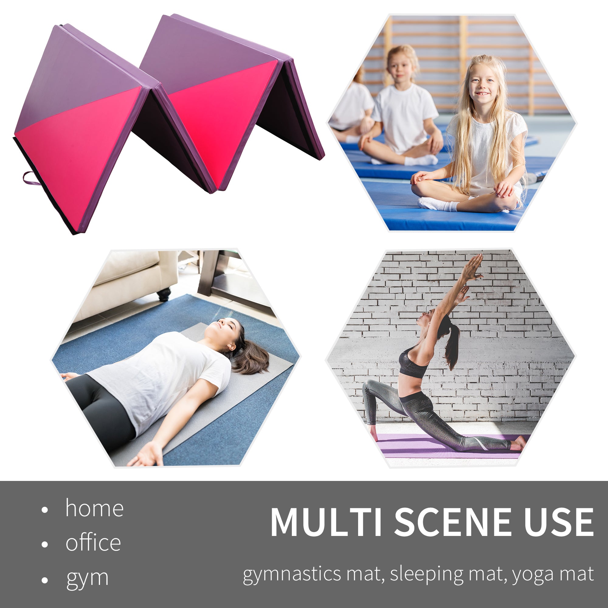 Soozier 4'x10'x2" Folding Gymnastics Tumbling Mat, Exercise Mat with Carrying Handles for Yoga, MMA, Martial Arts, Stretching, Core Workouts, Pink and Purple