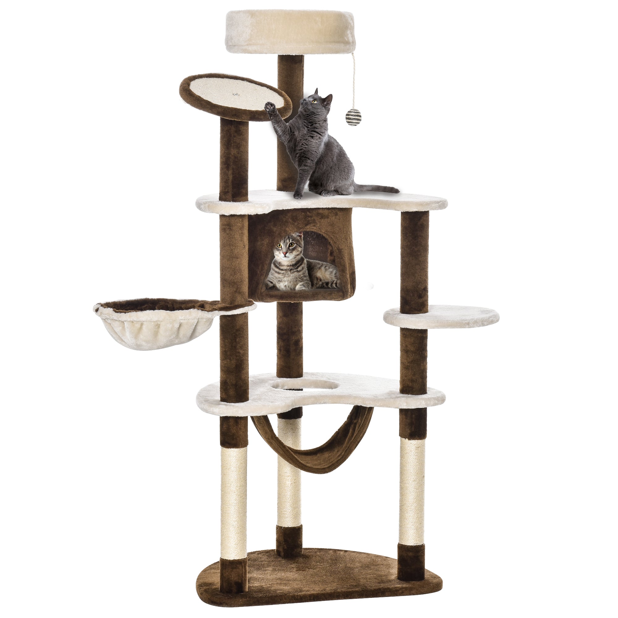 PawHut 60" Cat Scratching Tree, Cat Bed Condo Post House Pet Furniture Toys-Brown & Tan