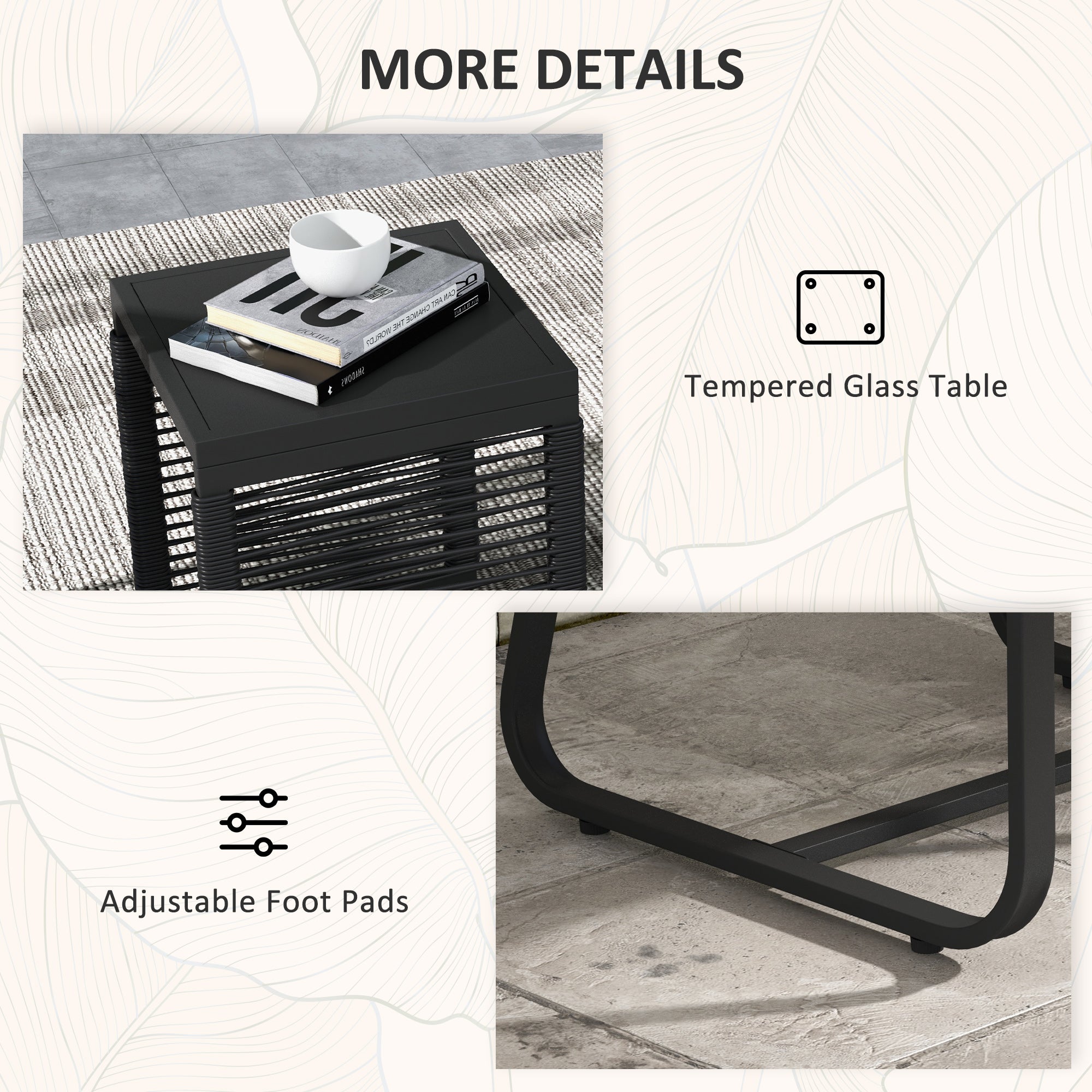 Outsunny 3 Pieces Patio Furniture Outdoor PE Rattan Bistro Set w/ Seat Cushions Tempered Glass Table for Garden Backyard, Black