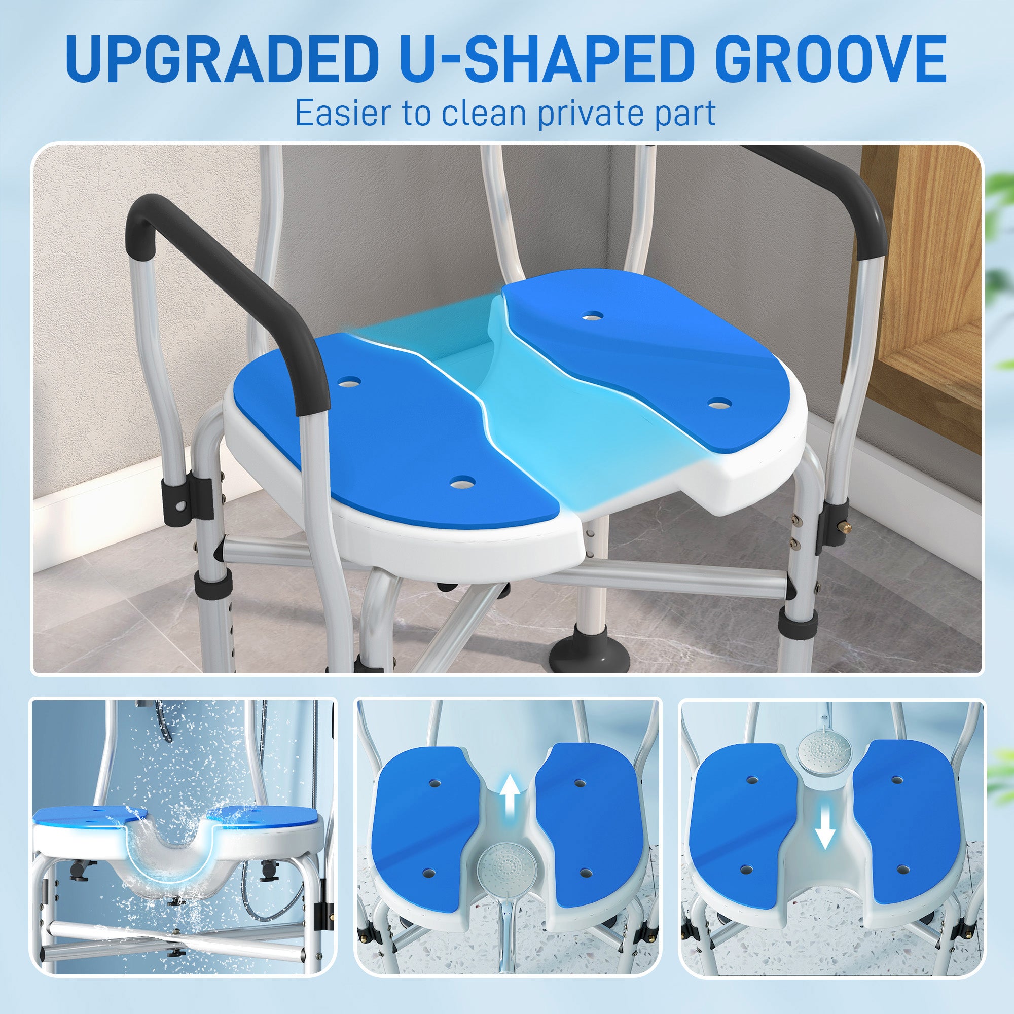 HOMCOM Upgraded Shower Chair Non-slip Bath Chair with U-shaped Shower Seat and Crossing Bars, Dark Blue