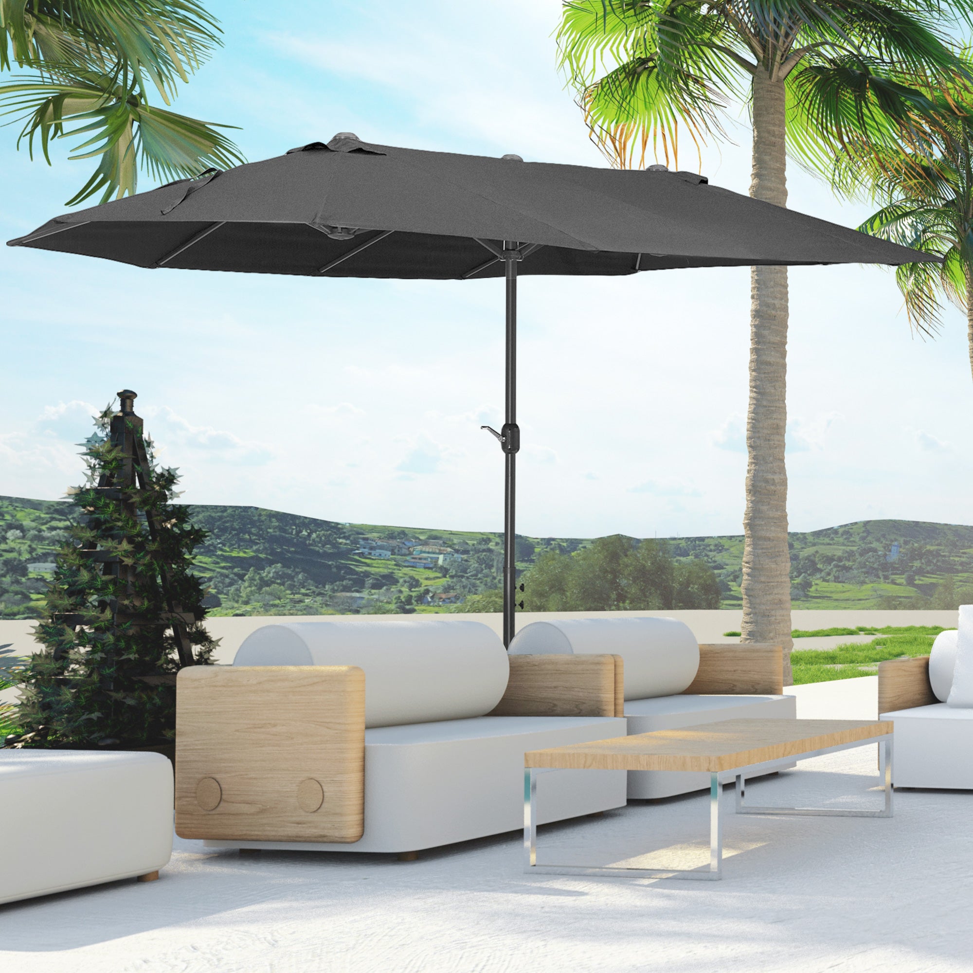 Outsunny 15ft Double-sided Outdoor Sun Umbrella with Twin Canopy, Outdoor Parasol with Crank for Pool, Deck, Black