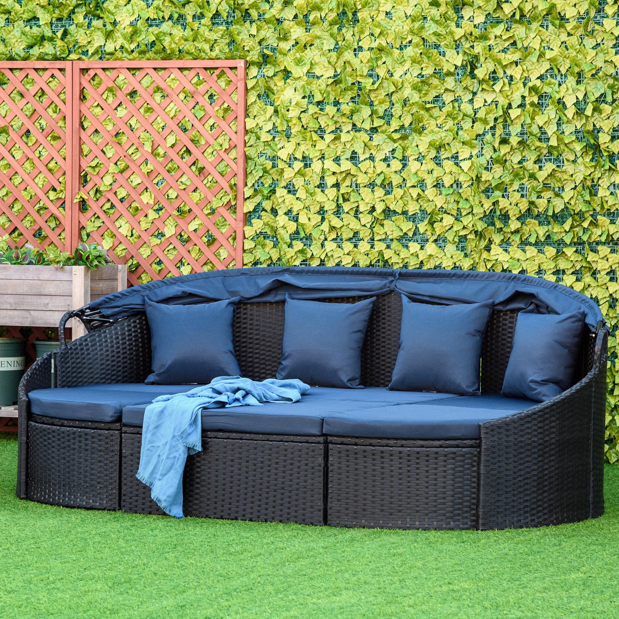Outsunny 4 Pieces Patio PE Wicker Round Daybed, Outdoor Rattan Garden Lounge Furniture Sets, Dark Blue