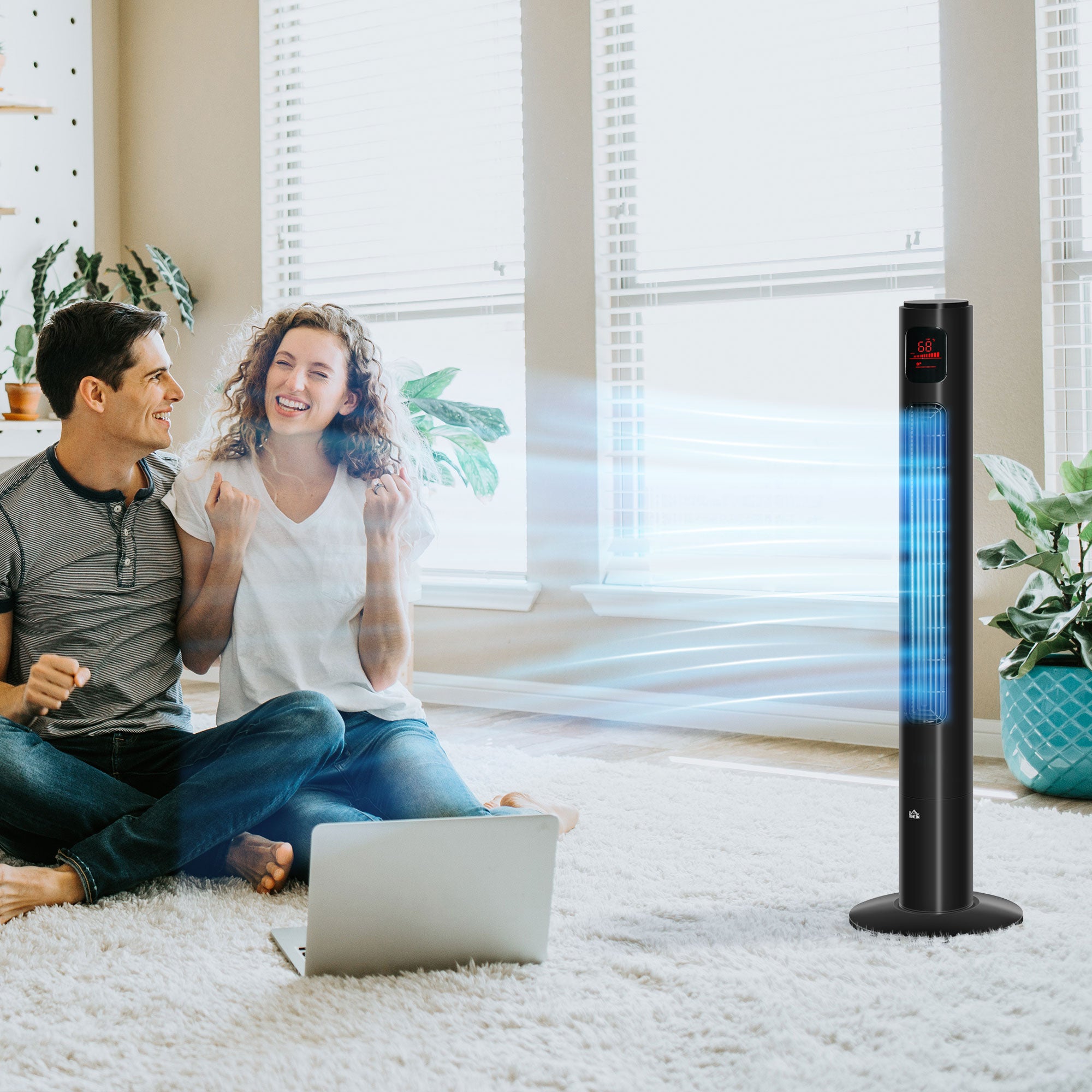 HOMCOM Freestanding Tower Fan Cooling for Home Bedroom with Oscillating, 3 Speed, 12h Timer, LED Sensor Panel, Remote Controller, Black