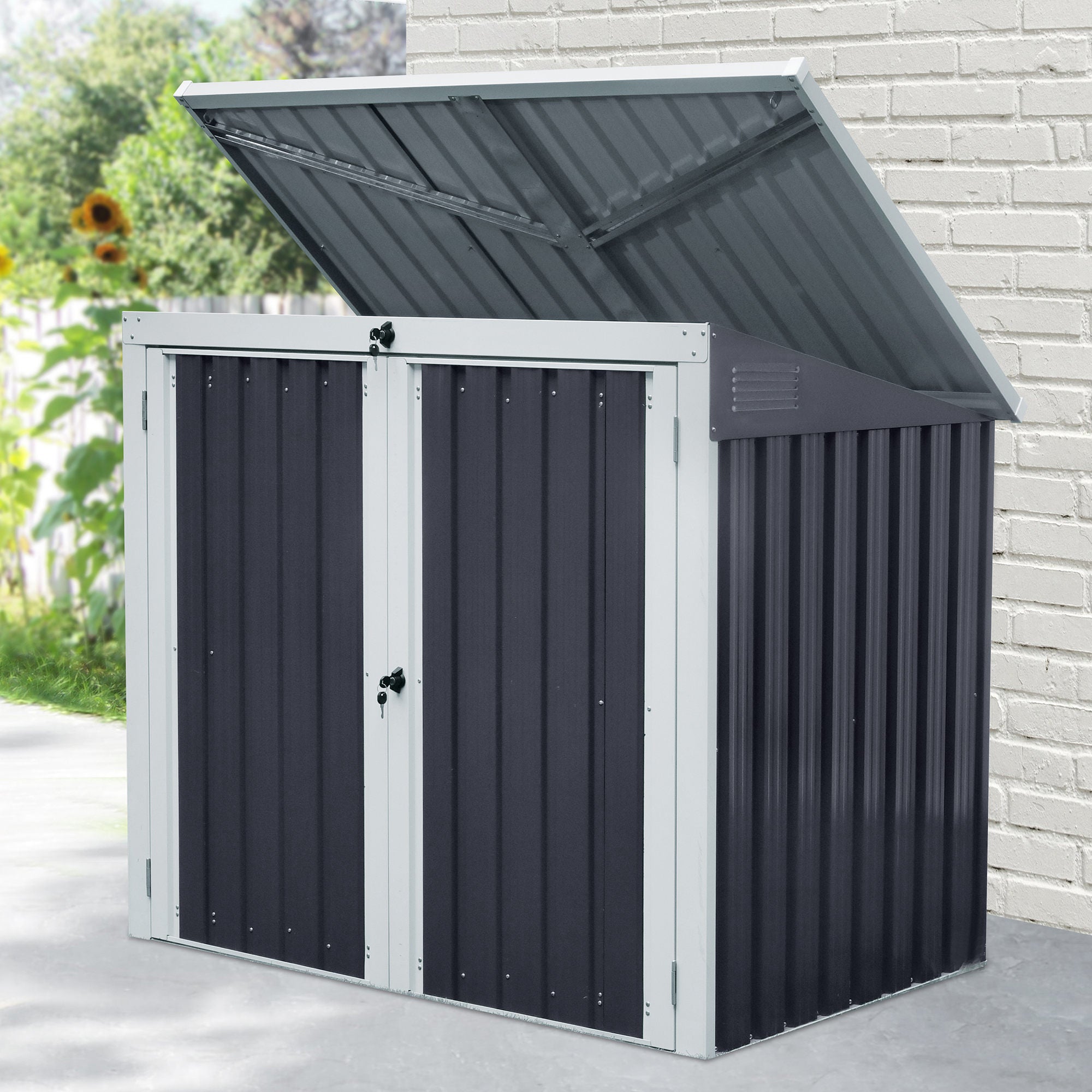 Outsunny 5ft x 3ft Outdoor Garbage Bin Storage Shed with Lockable Doors and Lid, Outside Storage Shed for Trash Can, Black