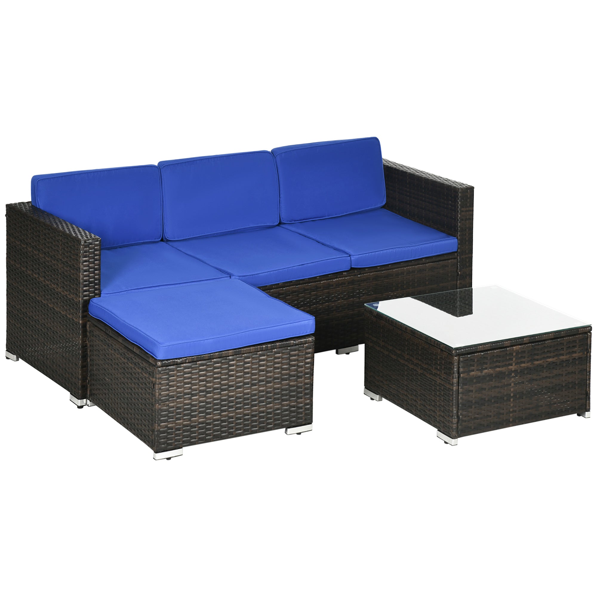 Outsunny 3 Pieces Patio Furniture Set with Cushions, Outdoor PE Rattan Wicker Conversation Corner Sofa Set with Glass Top Table and Adjustable Foot for Garden, Lawn, Blue