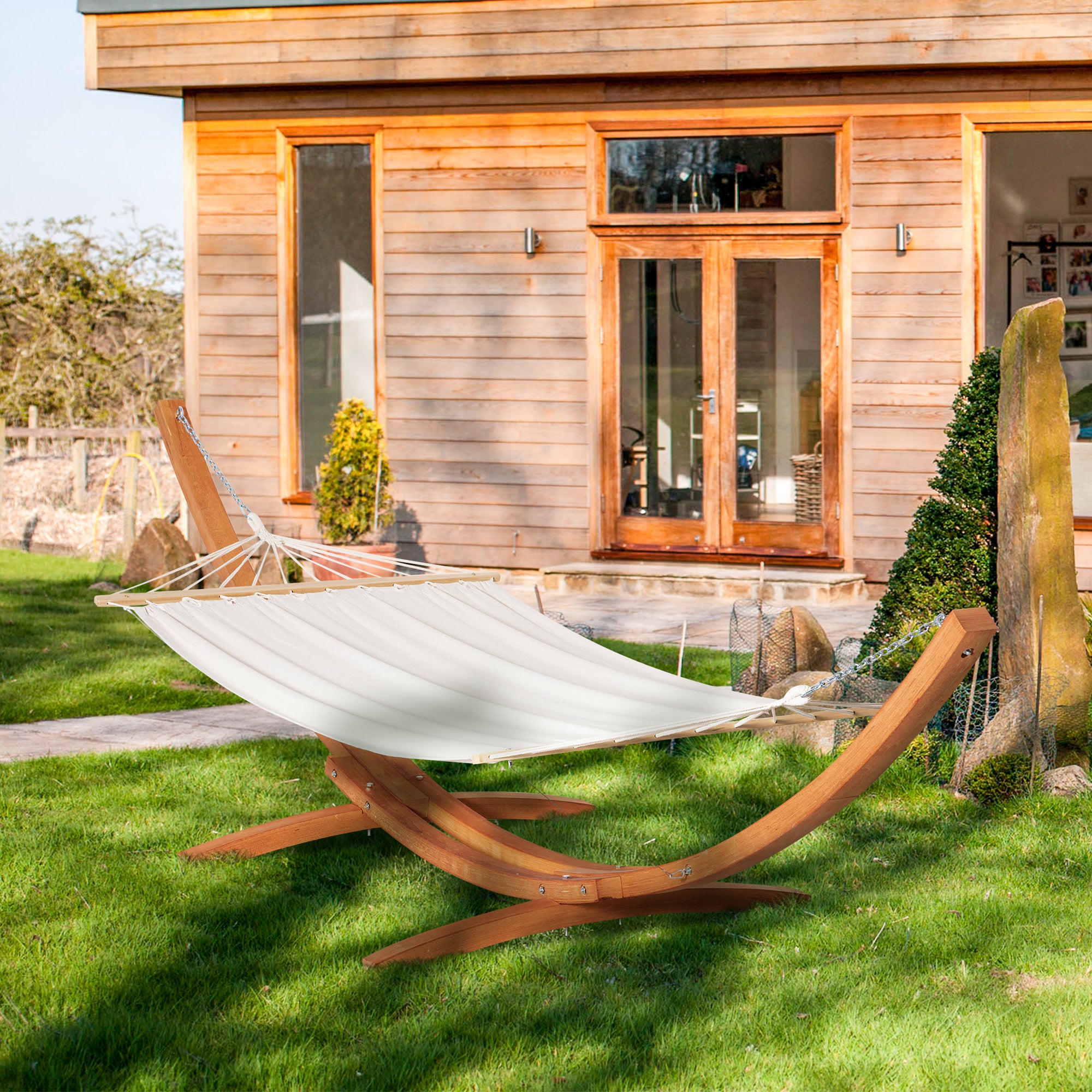 Outsunny 13' Patio Hammock with Stand, Outdoor Arch Wooden Hammock Bed, Camping Hammock with Straps and Hooks, White