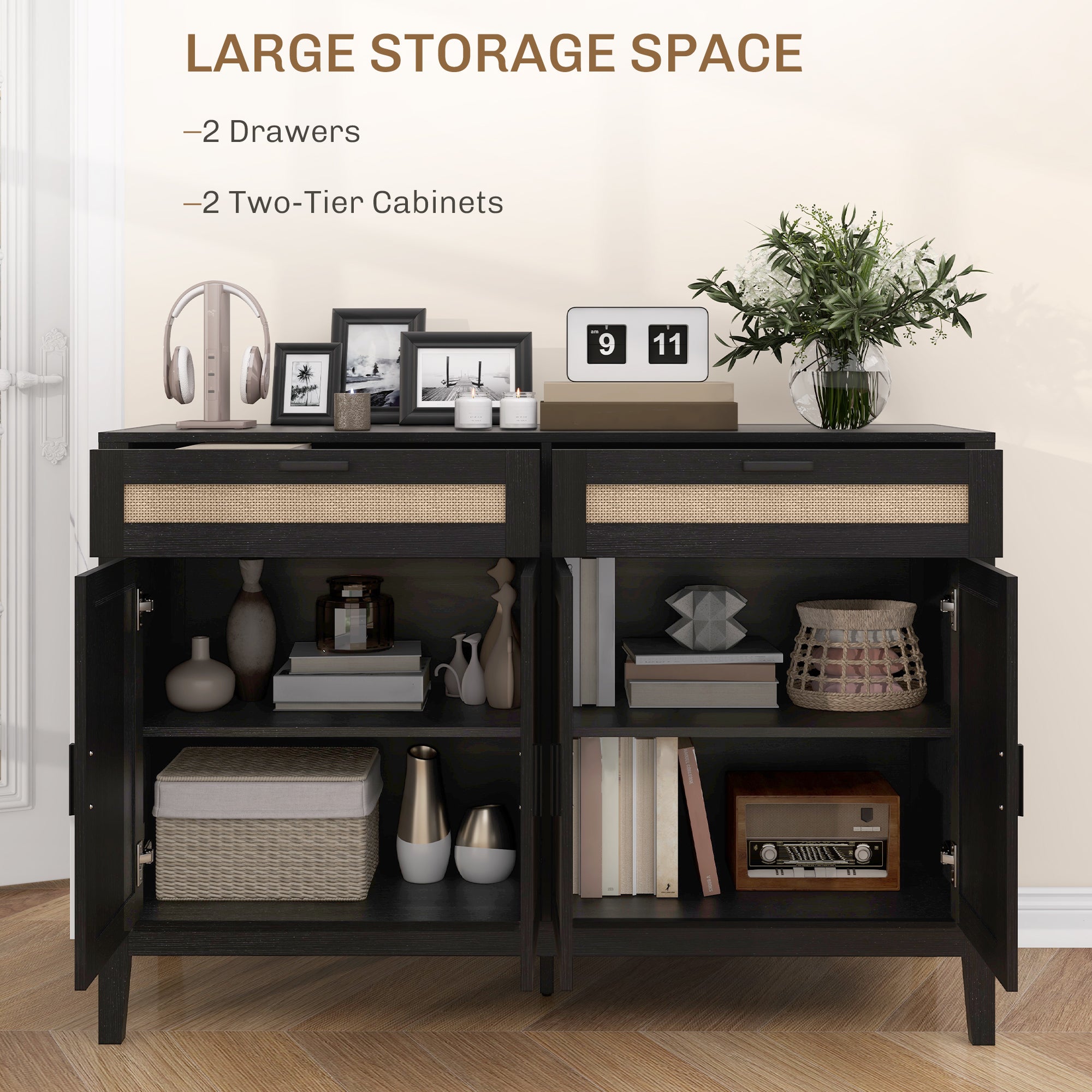 HOMCOM Kitchen Sideboard Cabinet, Boho Buffet Table with Decorative Rattan Doors and Drawers for Dining Room, Black
