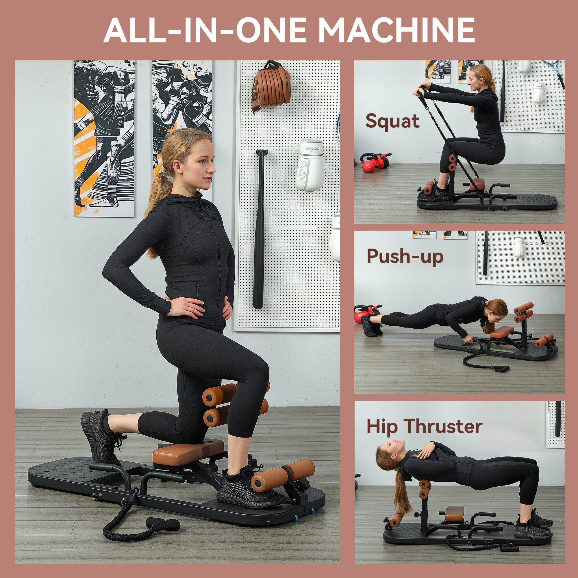 Soozier Foldable Sissy Squat Machine, Hip Thrust Machine with Push Up Stand, Multipurpose Glute Workout Equipment