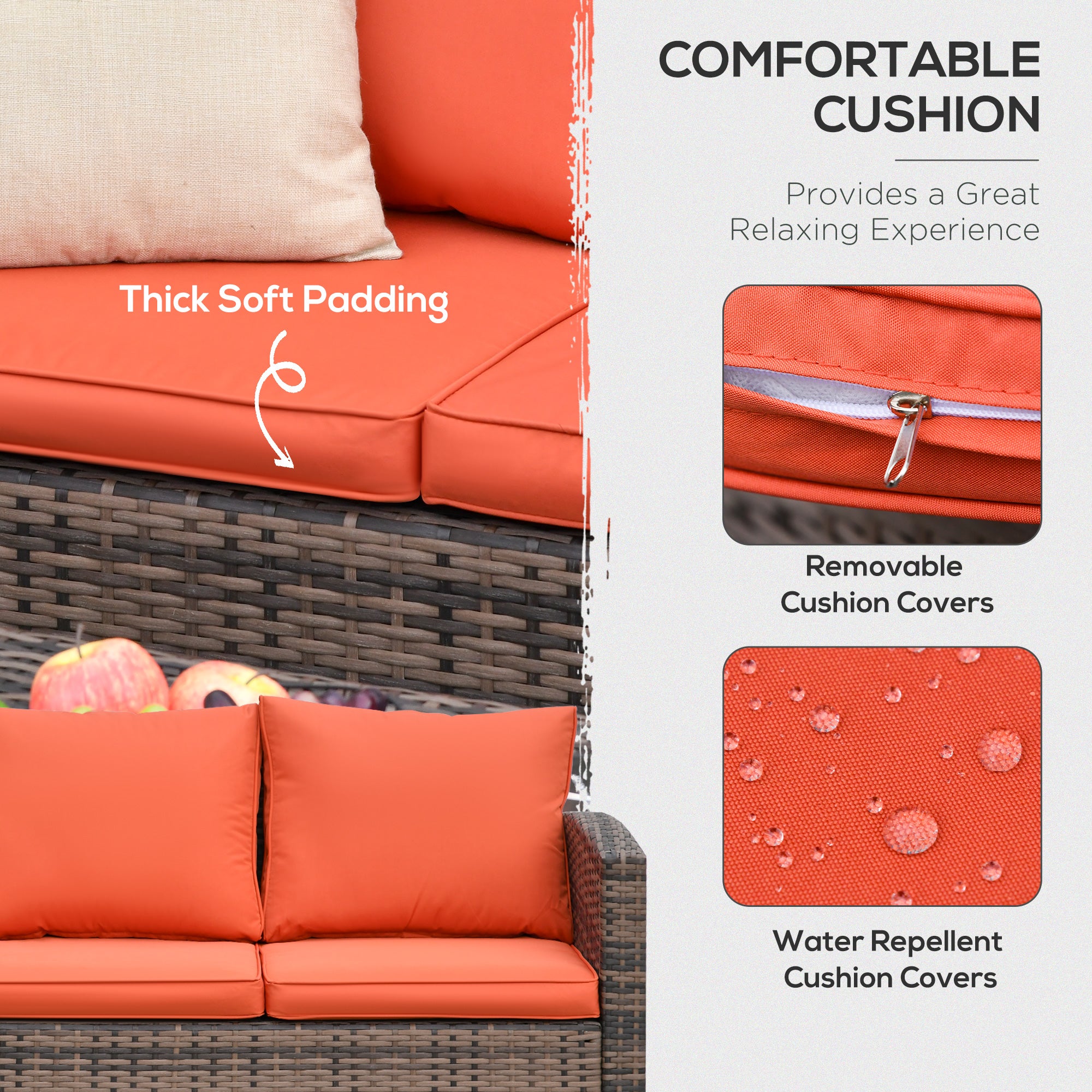 Outsunny 6 Pieces Wicker Patio Furniture Set with Cushions, 7-Seater Rattan Patio Sofa Set with Storage Table, Orange