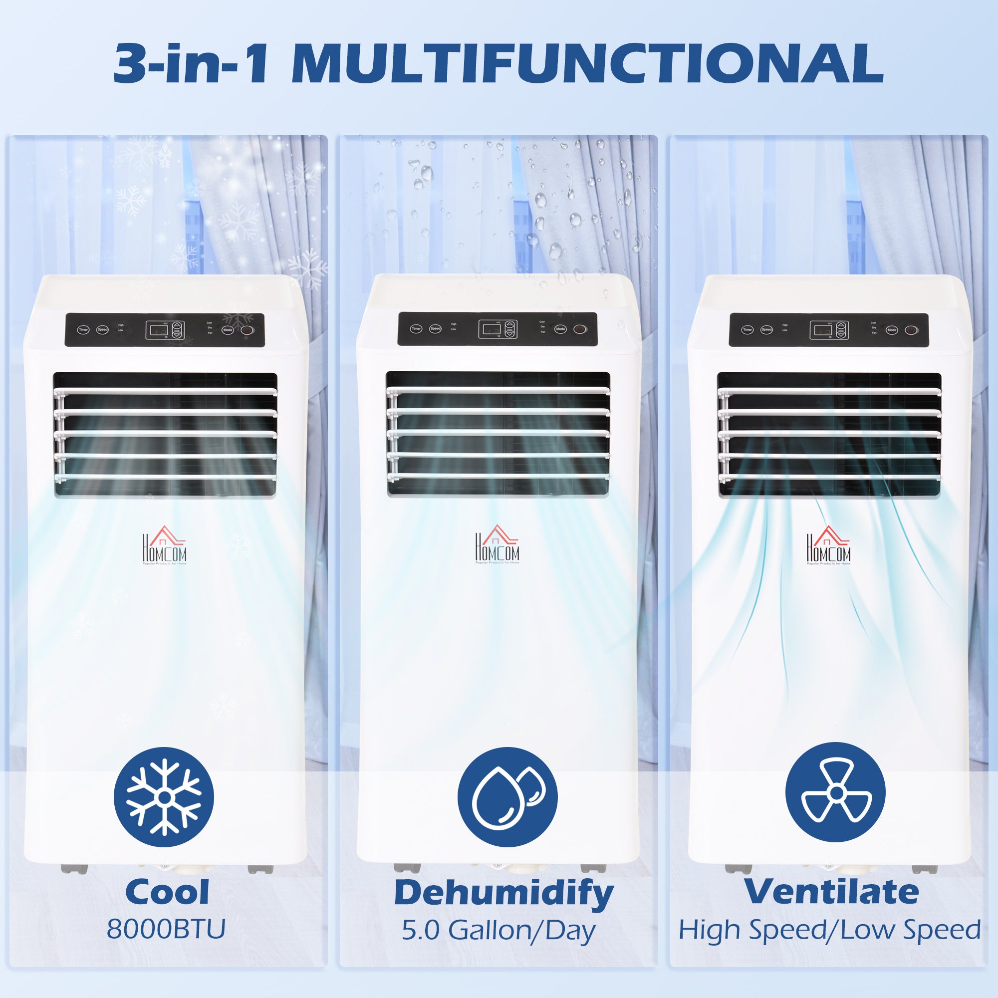 HOMCOM 8000BTU Mobile Portable Air Conditioner with Cooling, Dehumidifier, 2 Speed Fans, 24-Hour Timer for Bedroom, White