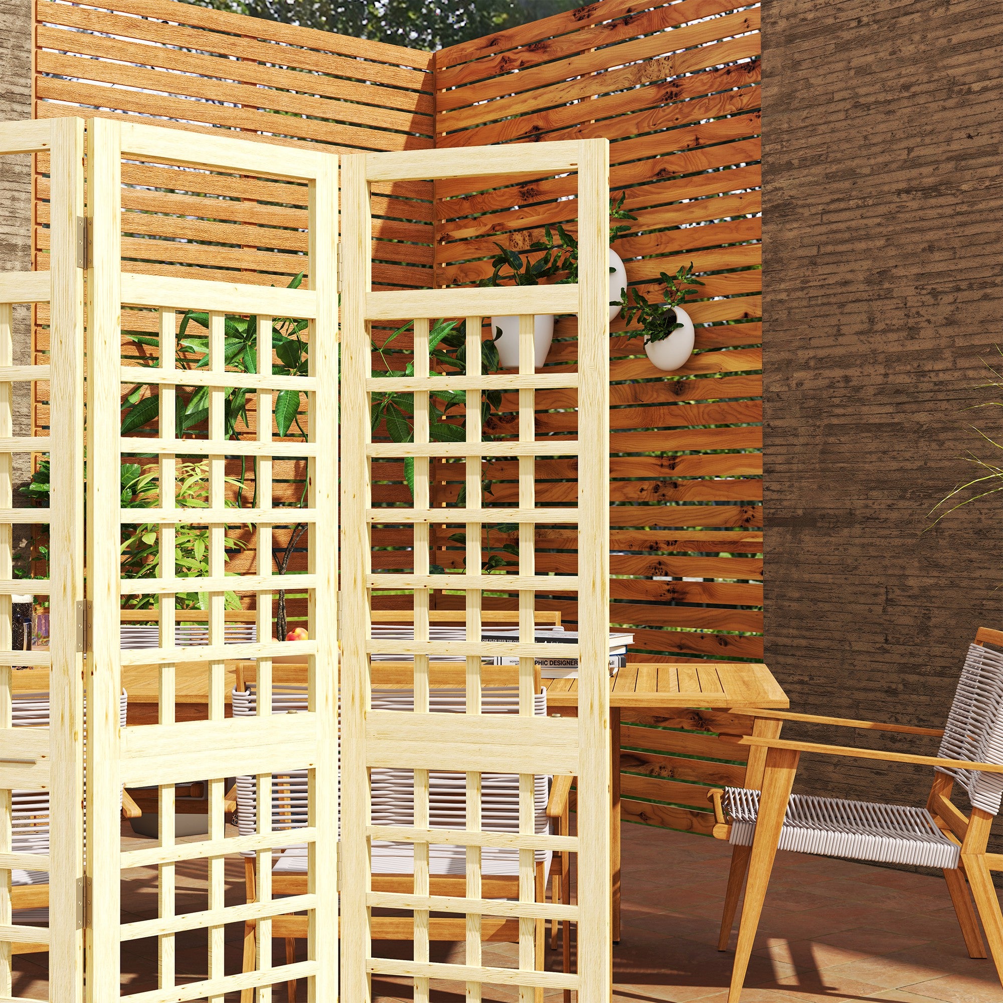 Outsunny 3 Panel Outdoor Wood Privacy Screen, Folding Room Divider/Trellis for Home, Patio, 47.2" x 66.9", Natural Wood
