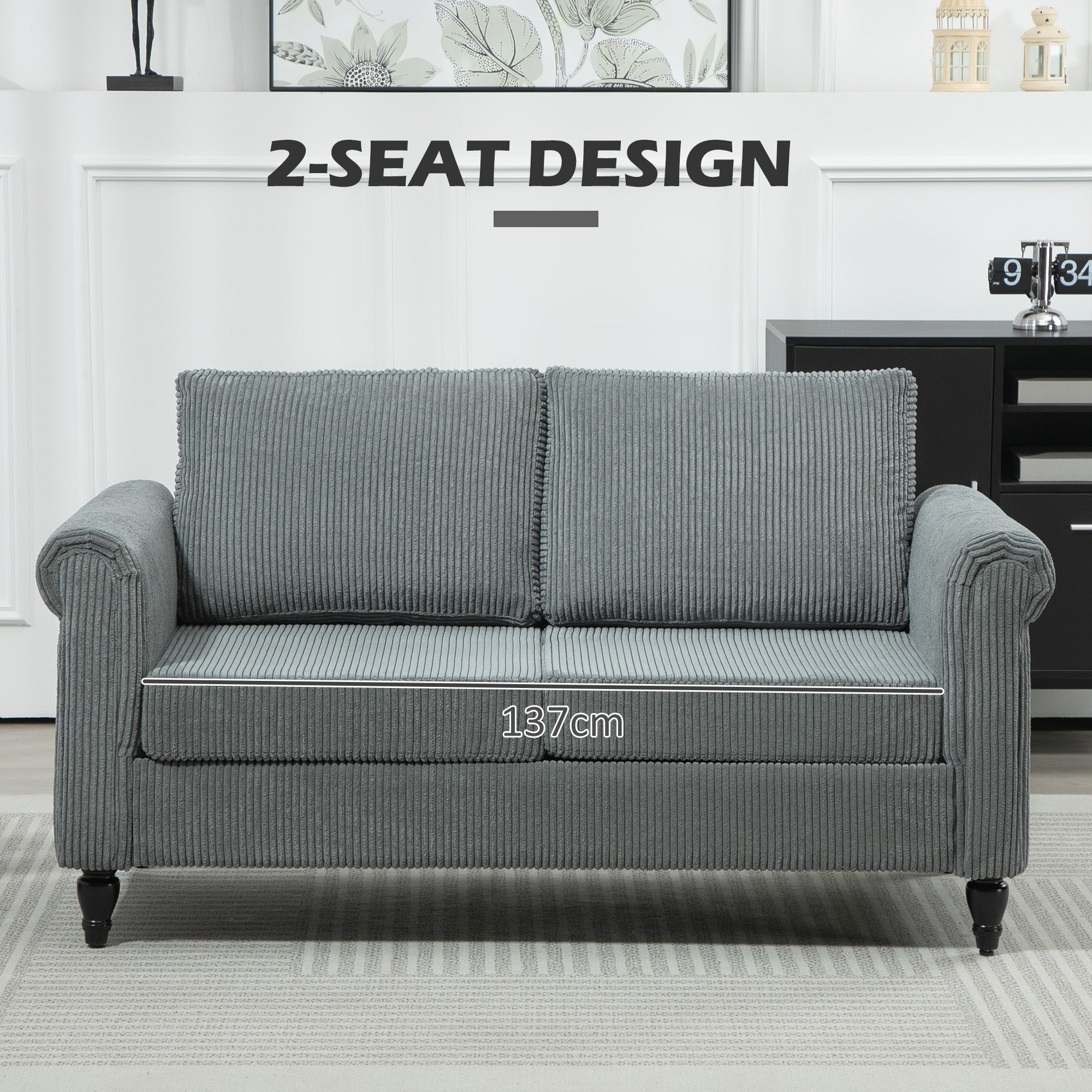 HOMCOM Vintage Loveseat, Upholstered Love Seat Furniture, Fabric 2 Seater Sofa with Rolled Arms, Rubber Wood Legs, Grey
