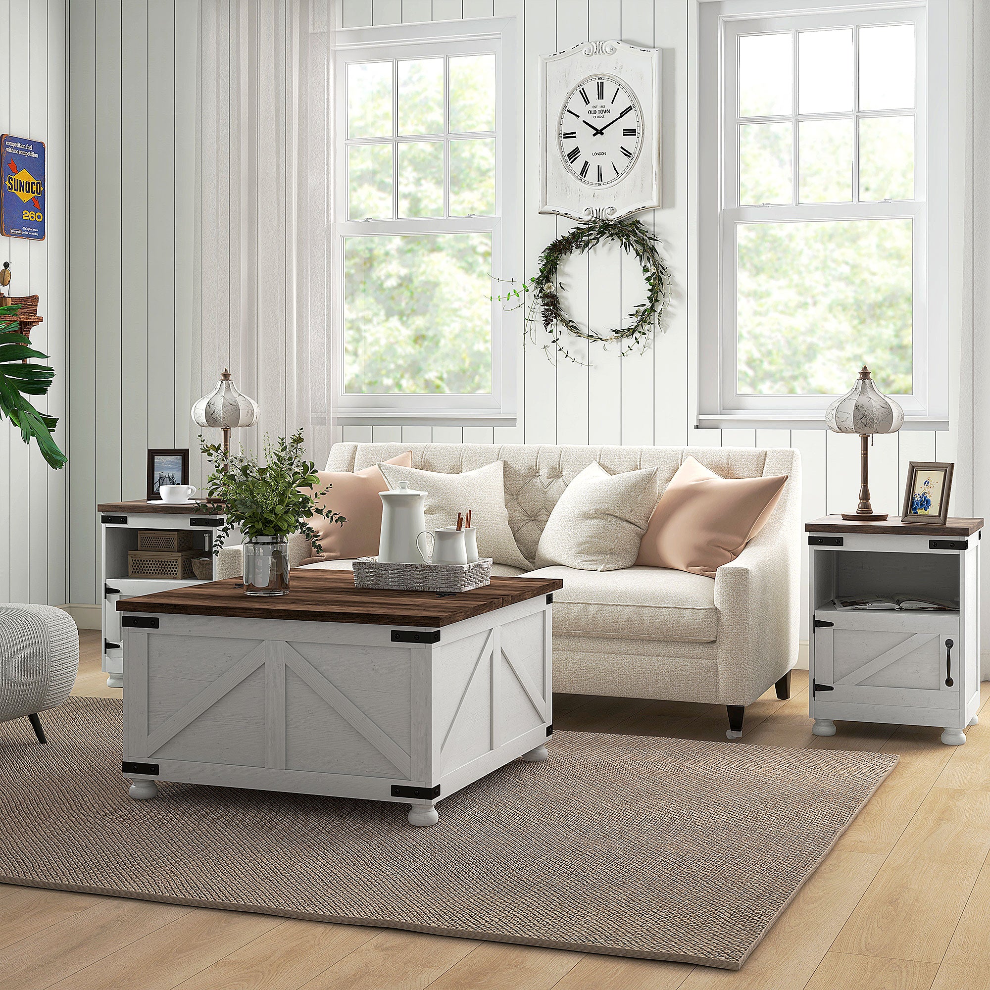 HOMCOM Coffee Table with Lift Top, 32" Farmhouse Center Table with Hidden Compartment for Living Room, Antique White