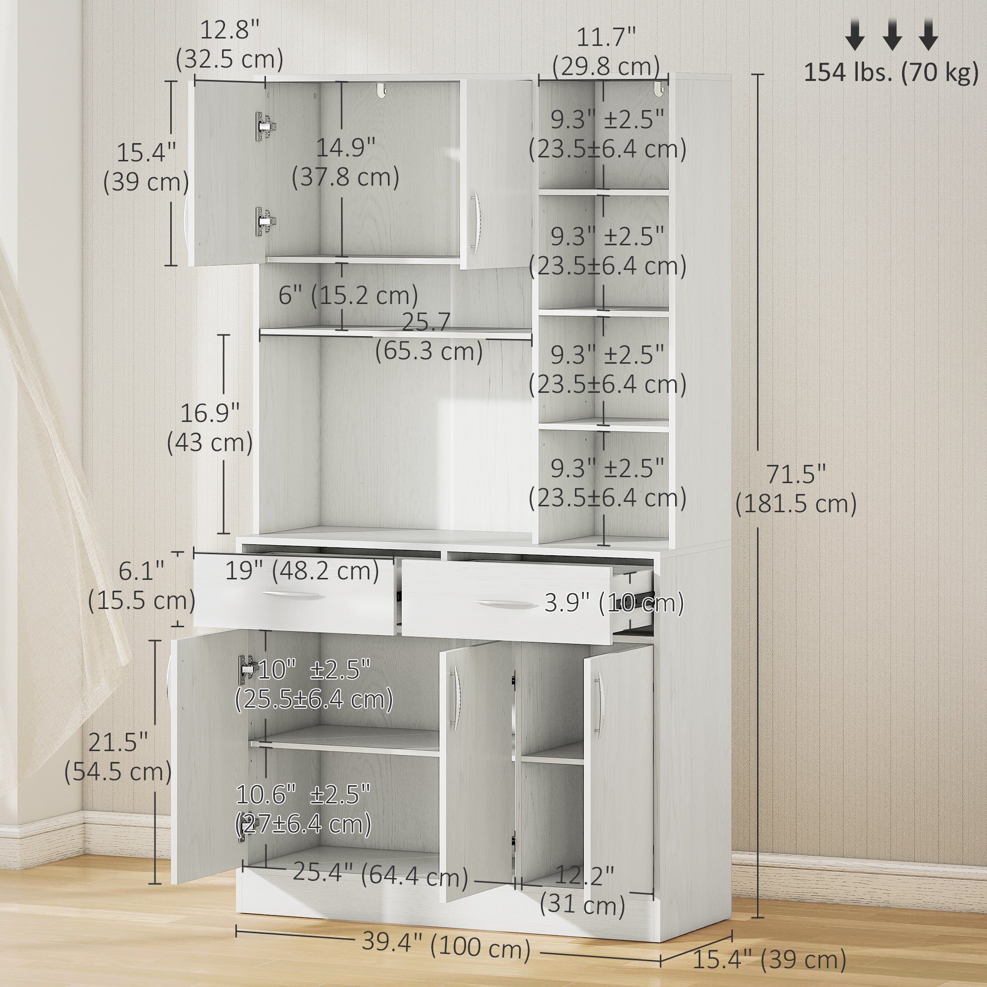 HOMCOM 71" Kitchen Hutch with Storage Cabinet, Modern Buffet with Hutch, Cupboard with Drawers for Living Dining Room, Ash White