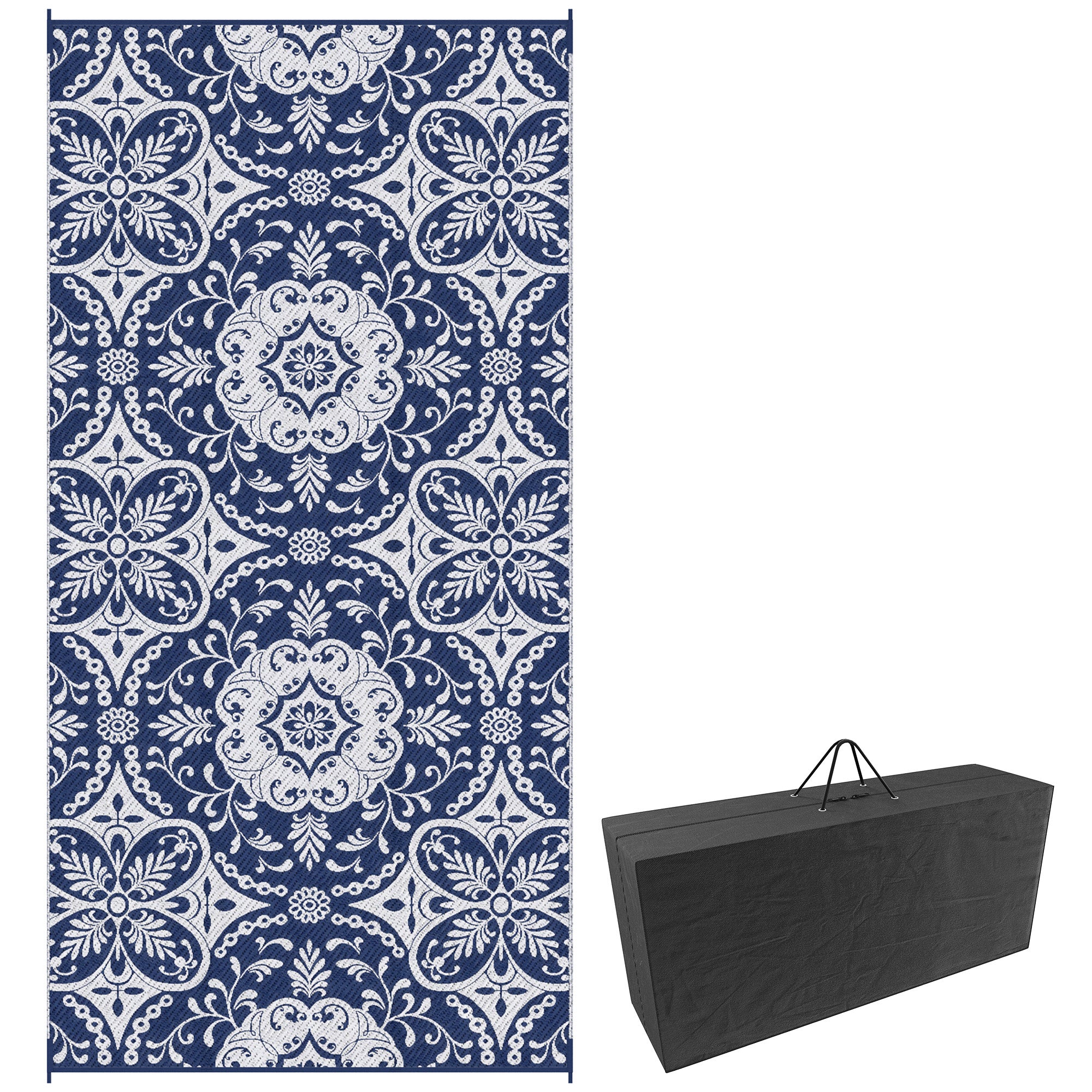Outsunny Portable Outdoor Rug with Carry Bag, 9' x 18' Reversible Mat, Waterproof Plastic Straw RV Rug for Backyard, Deck, Picnic, Beach, Camping, Blue & White Flower
