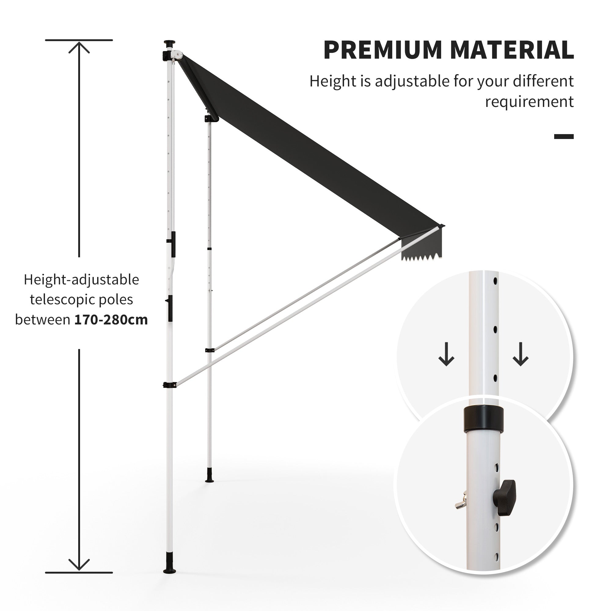 Outsunny 10x5ft Manual Retractable Awning, Patio Sun Shade Canopy Shelter with 5.6-9.2ft Support Pole, Water Resistant UV Protector, for Window, Door, Porch, Deck, Grey
