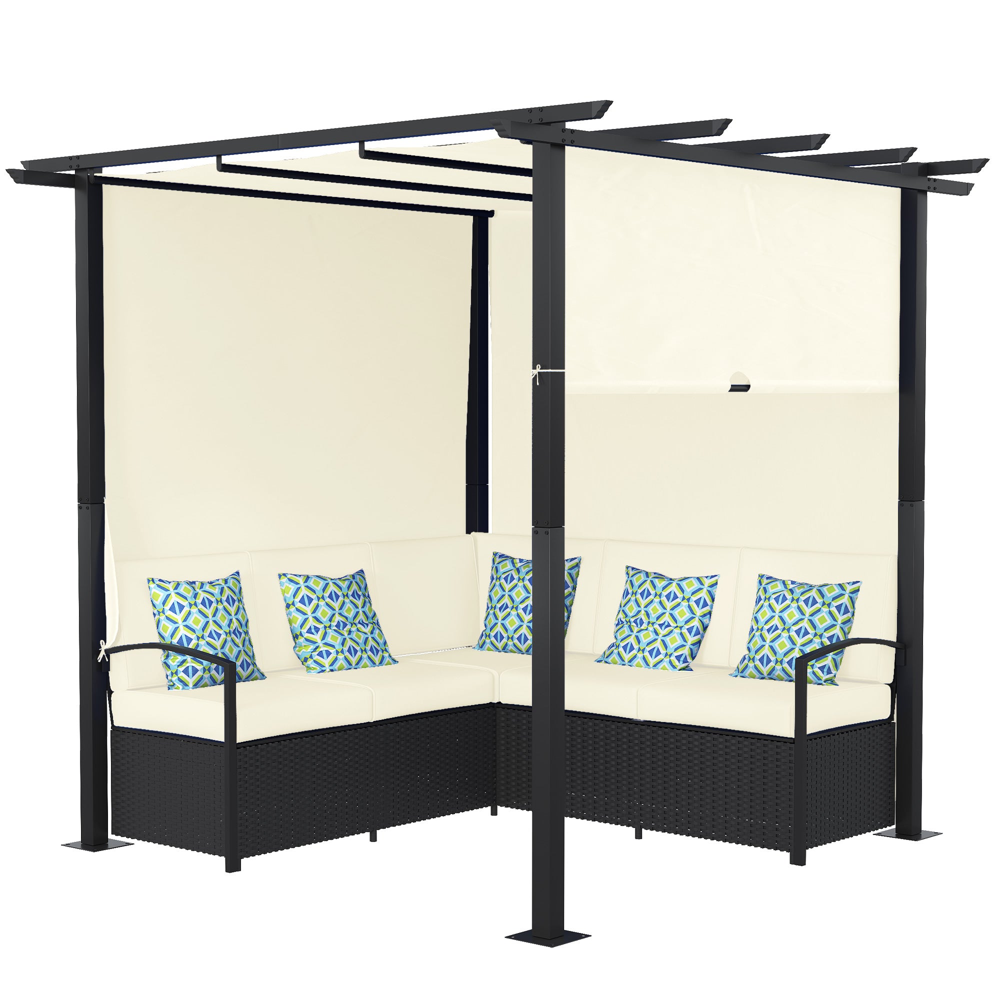 Outsunny Outdoor Rattan Wicker Patio Furniture Sofa Set with Retractable Canopy Pergola for Deck, Pool, Garden, Beige