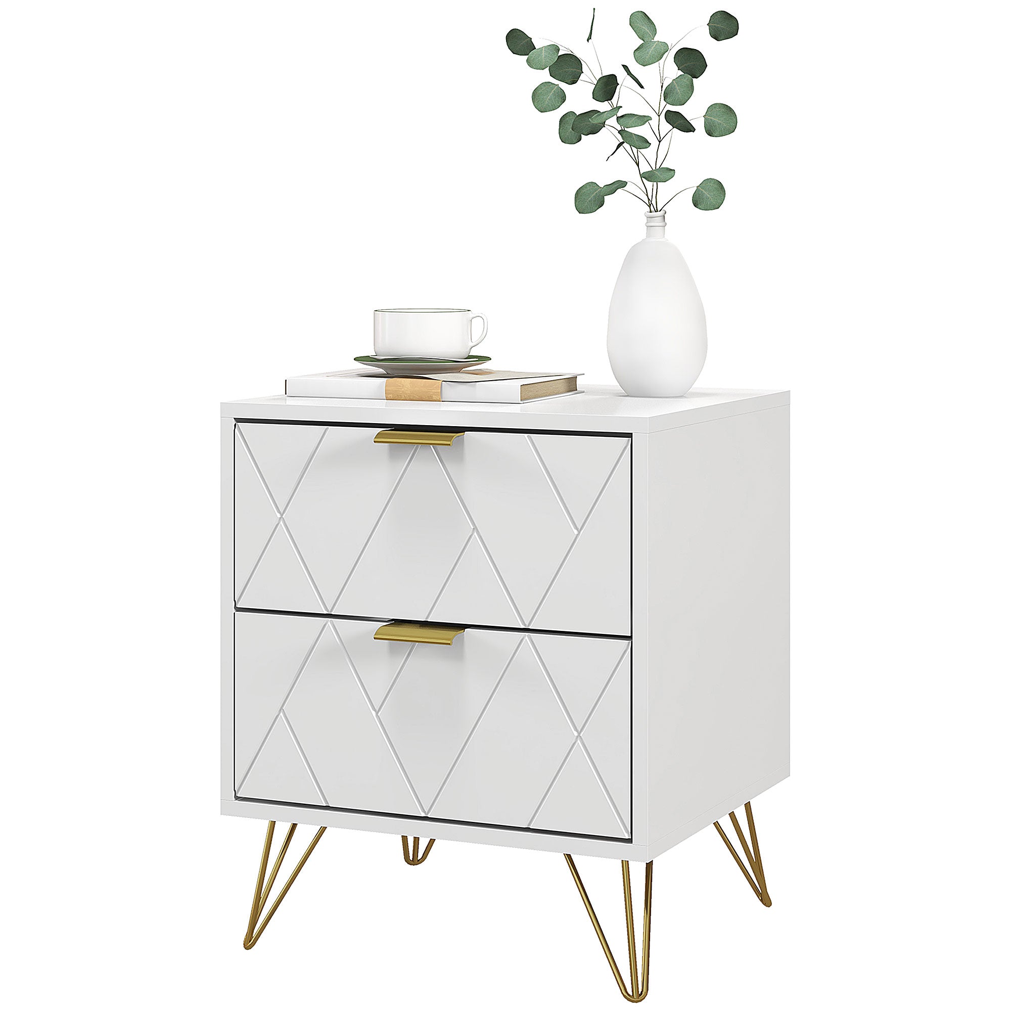 HOMCOM Modern Bedside Table, Accent Nightstand with 2 Drawers, Bed End Table for Bedroom, Living Room, White