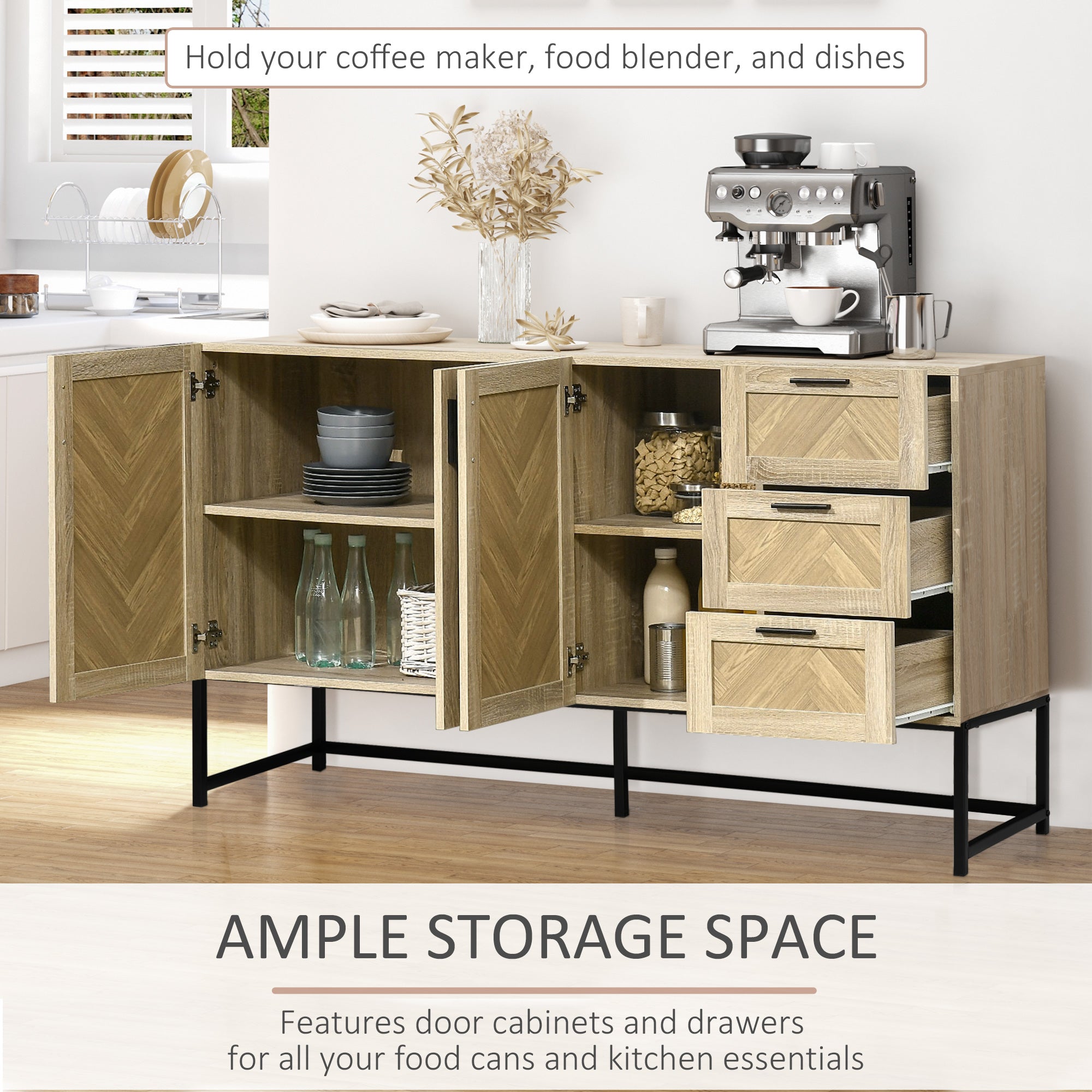 HOMCOM Buffet Cabinet, Coffee Bar Cabinet with Drawers and Adjustable Shelves, Oak