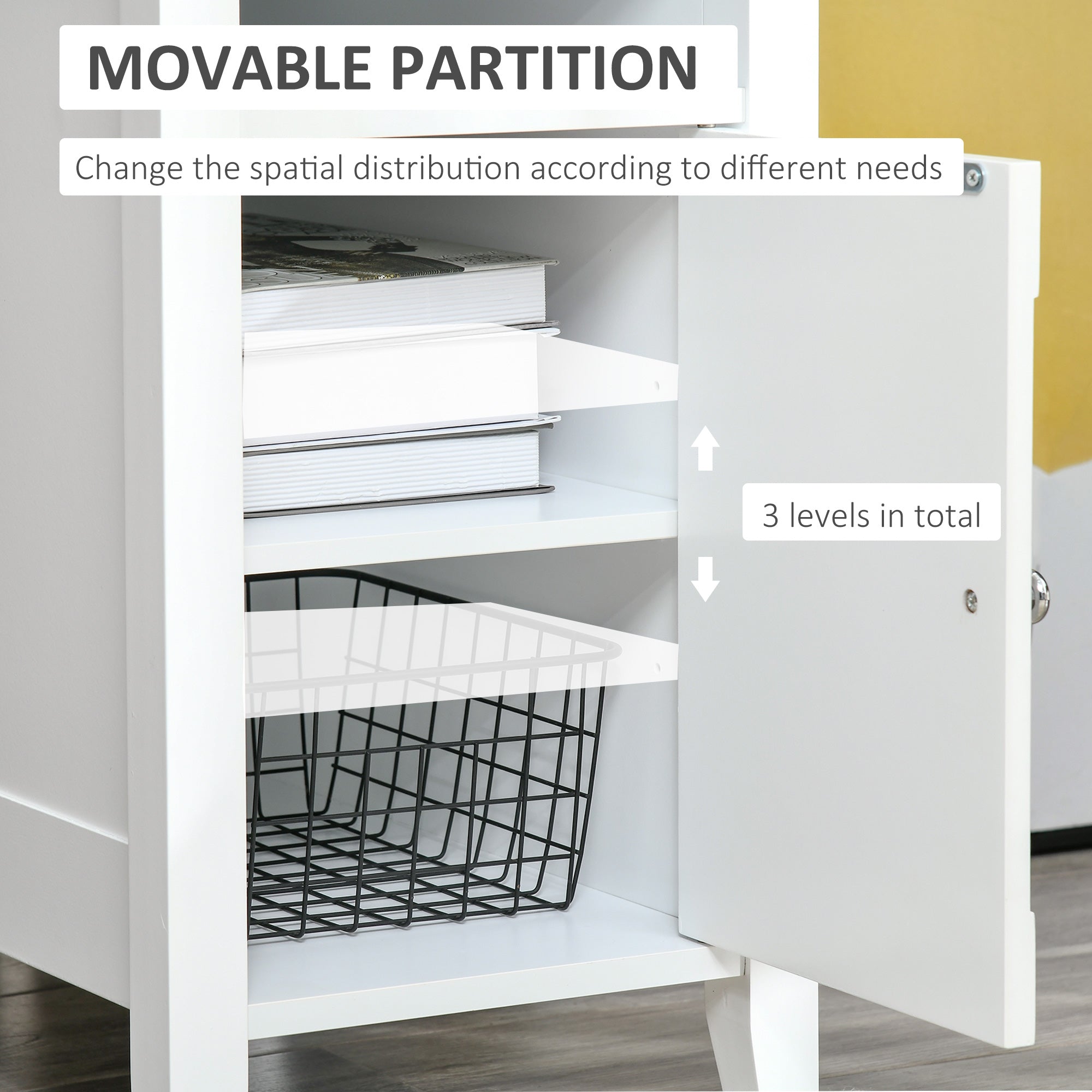 HOMCOM Wooden3-Tier Modern Nightstand with Pullout Shelf, Adjustable Open Shelf, and Door Cabinet, White
