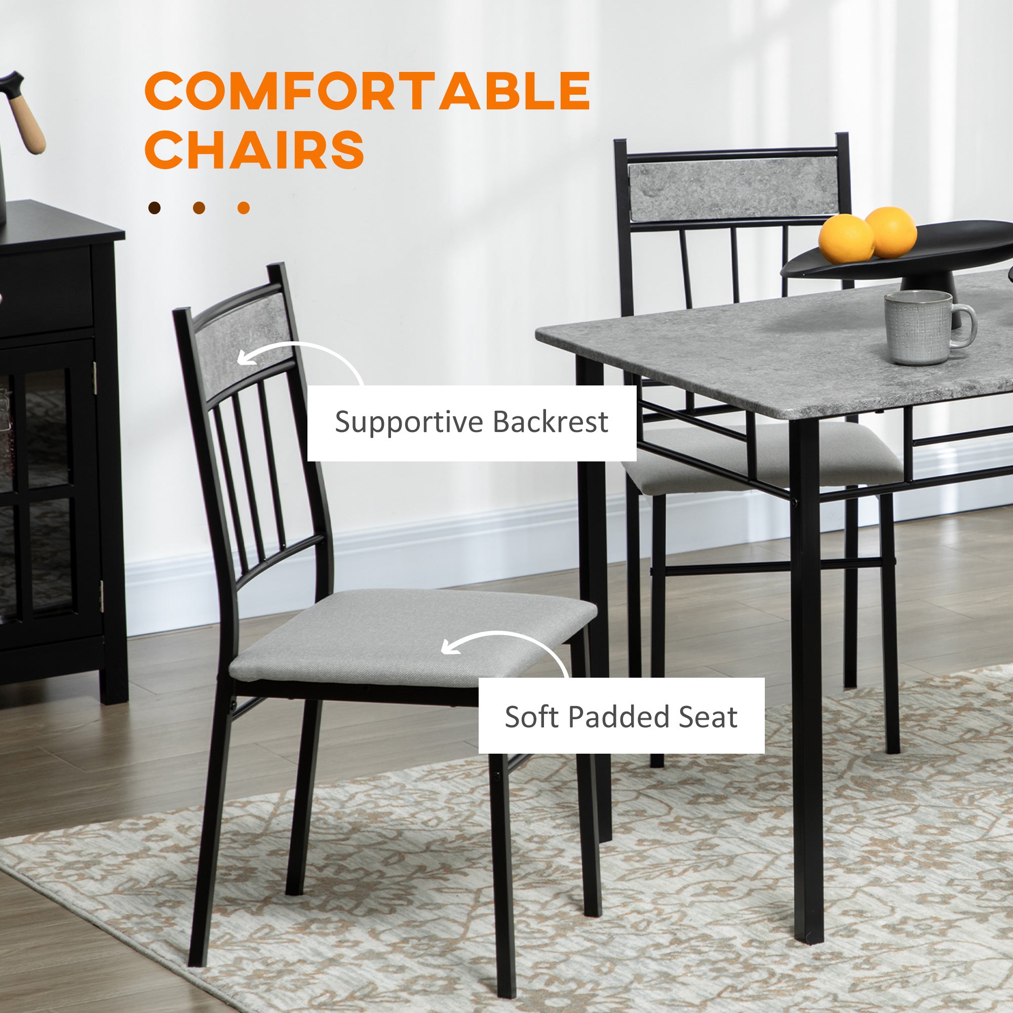 HOMCOM 5 Pieces Diner Tables Dining Room Sets for 4 People with Marble Effect Tabletop Padded Chairs and Metal Frame Grey