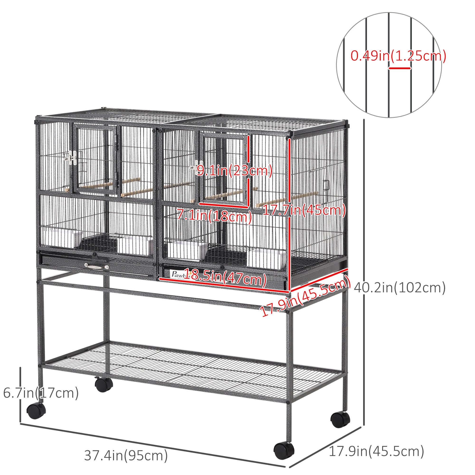 PawHut Large Double Rolling Metal Bird Cage Bird House w/ Removable Tray Storage Shelf