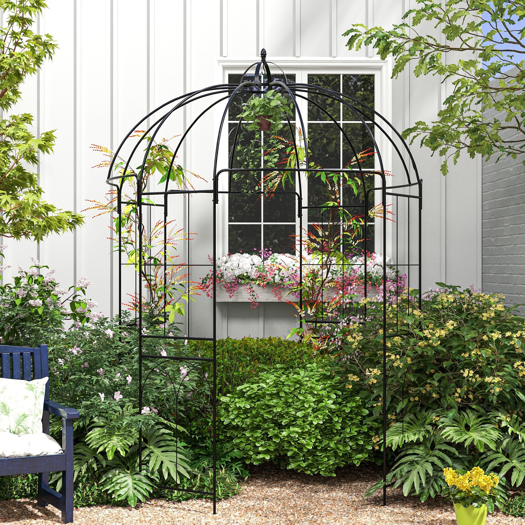 Outsunny Birdcage Shape Arbour, Metal Garden Arbour Pergola Pavilion for Climbing Plants, Lights, French Style Arch Trellis