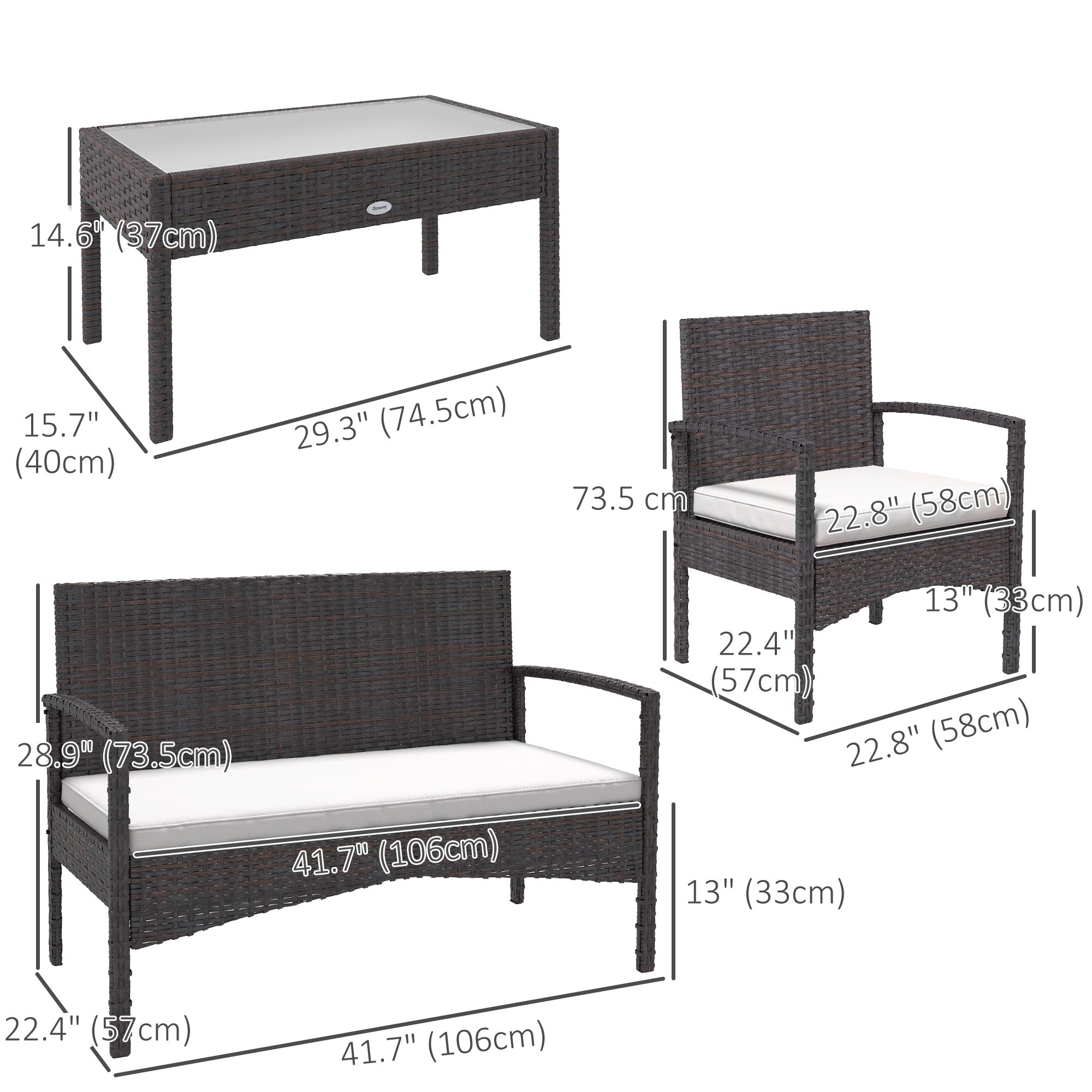 Outsunny 4 Pieces Patio Furniture Set with Loveseat Sofa, Armchairs, Glass Table, Outdoor Wicker Conversation Sofa Set, White